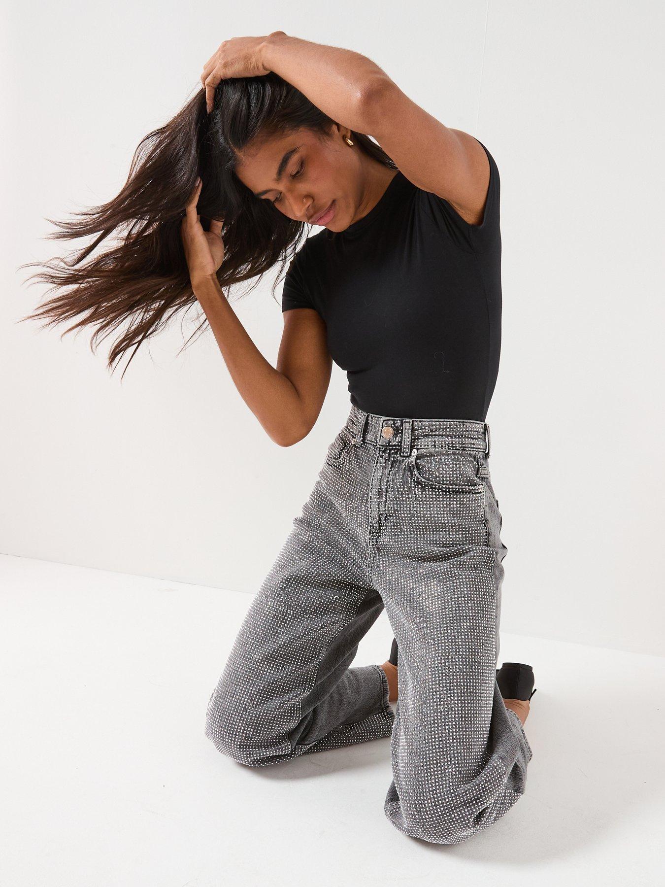 Image 6 of 6 of Vero Moda Billie High Rise Barrel Rhinestone Jeans - Grey