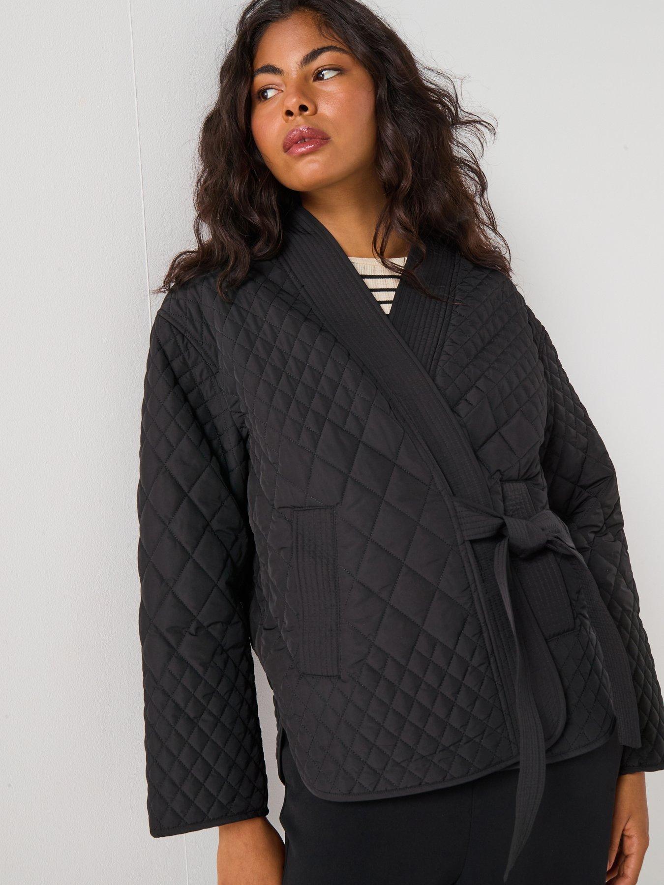 undefined Tacha Long Sleeve Quilted Tie Jacket - Black