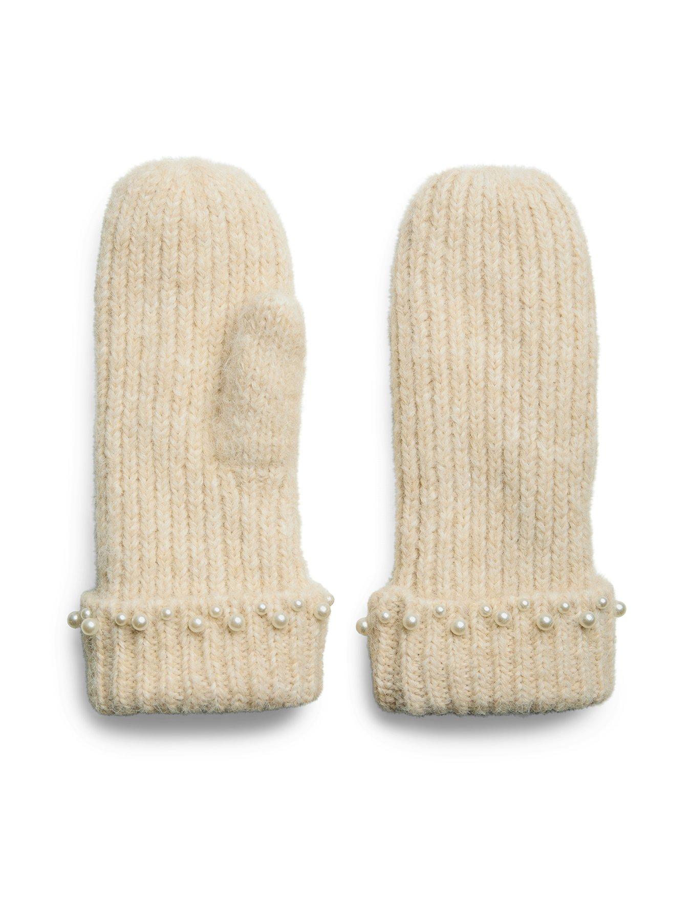 pieces-pearl-detail-mittens-cream