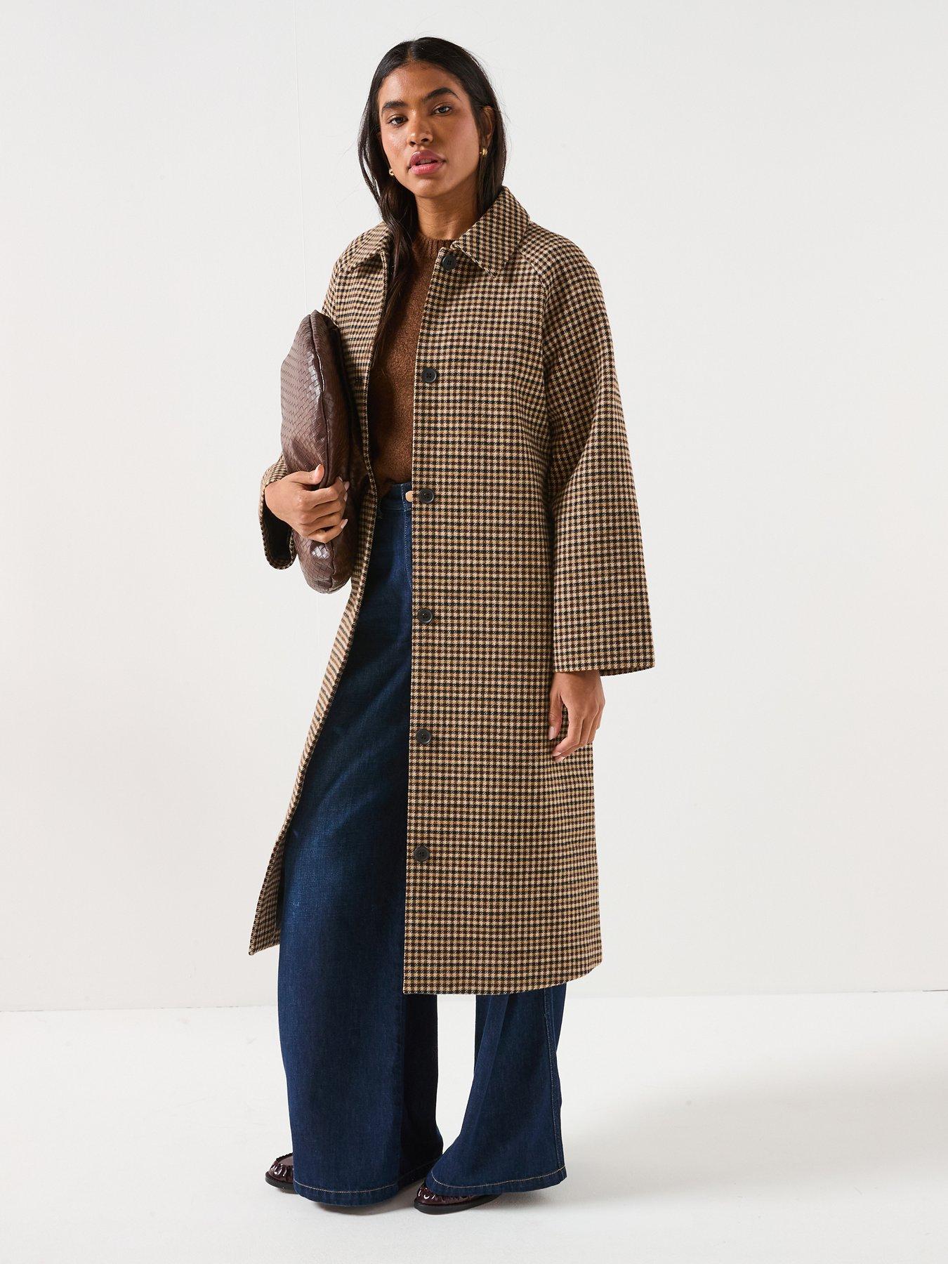 JDY Check Collared Belt Long Coat - Brown