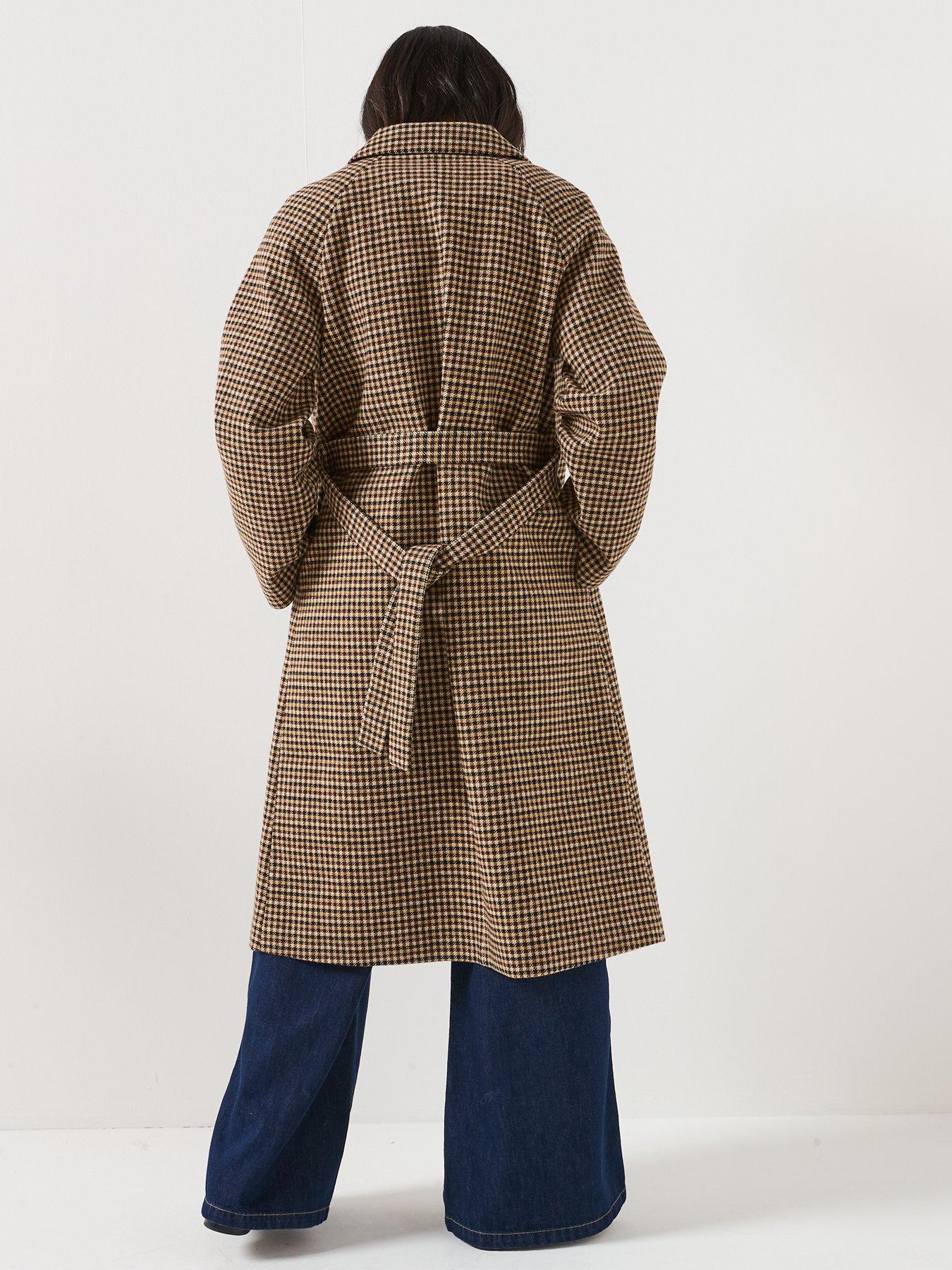  image of jdy-check-collared-belt-long-coat-brown