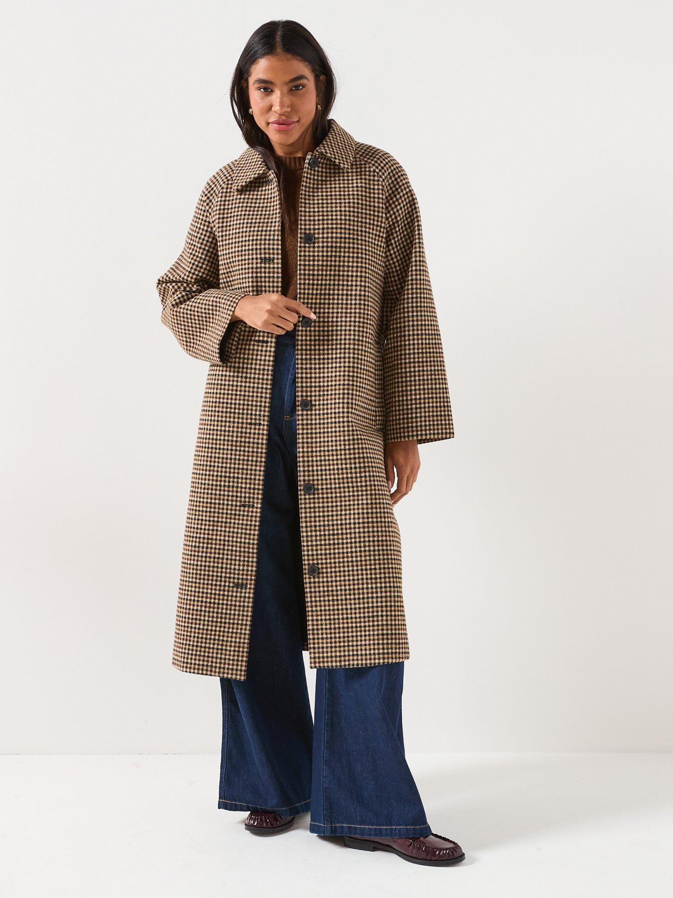  image of jdy-check-collared-belt-long-coat-brown