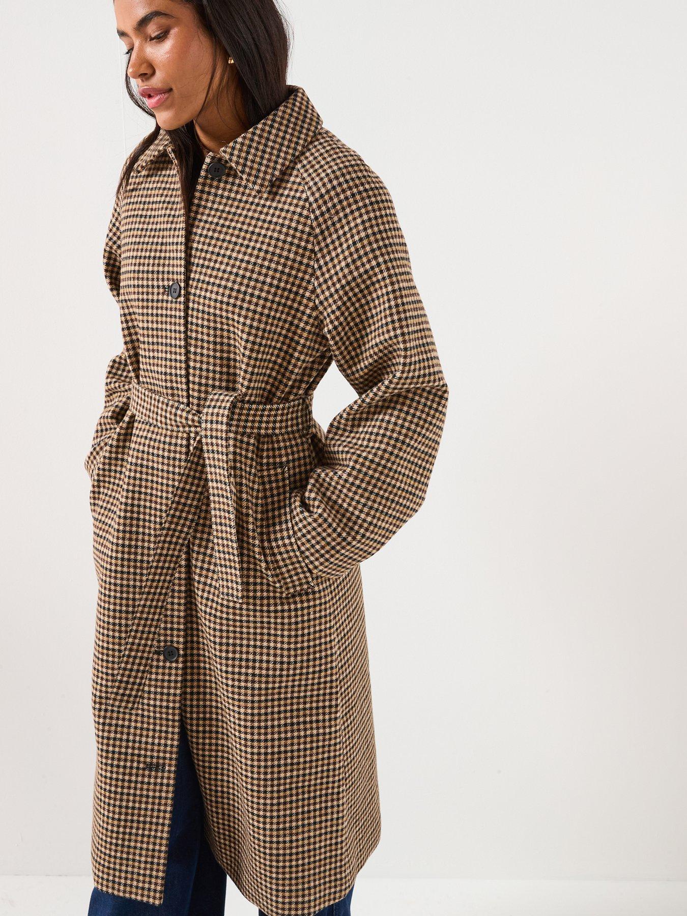  image of jdy-check-collared-belt-long-coat-brown