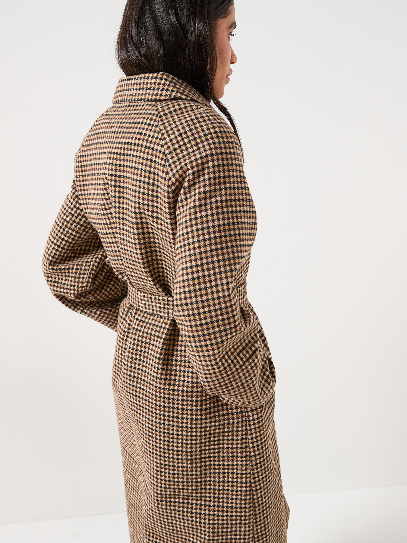  image of jdy-check-collared-belt-long-coat-brown