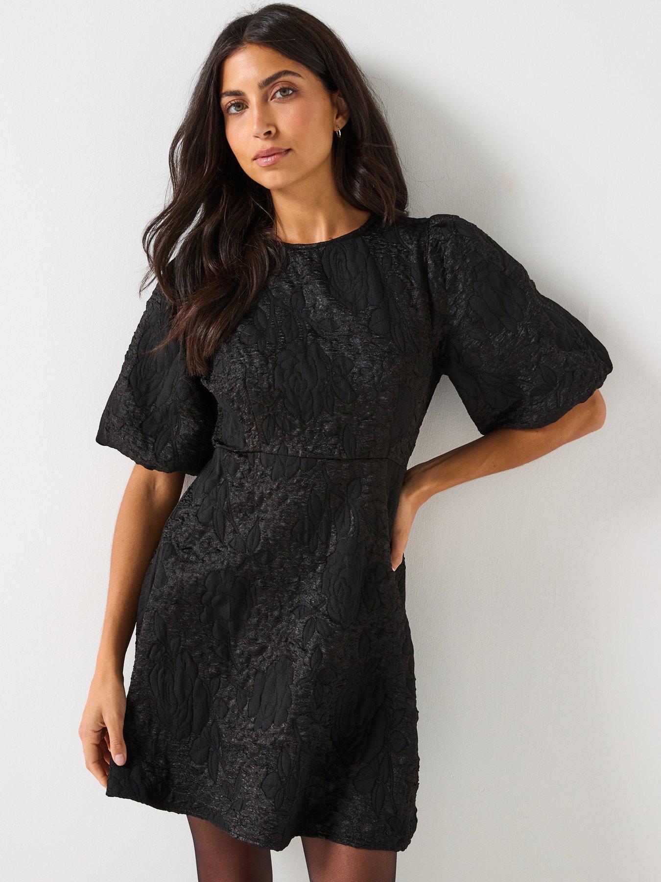 JDY Jaquard Short Puff Sleeve Bow Mini Dress - Black