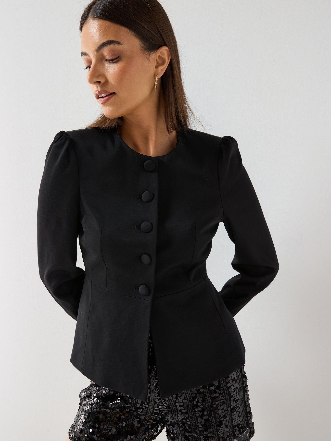 Vero Moda Sabia Fitted Peplum Satin Collarless Blazer - Black