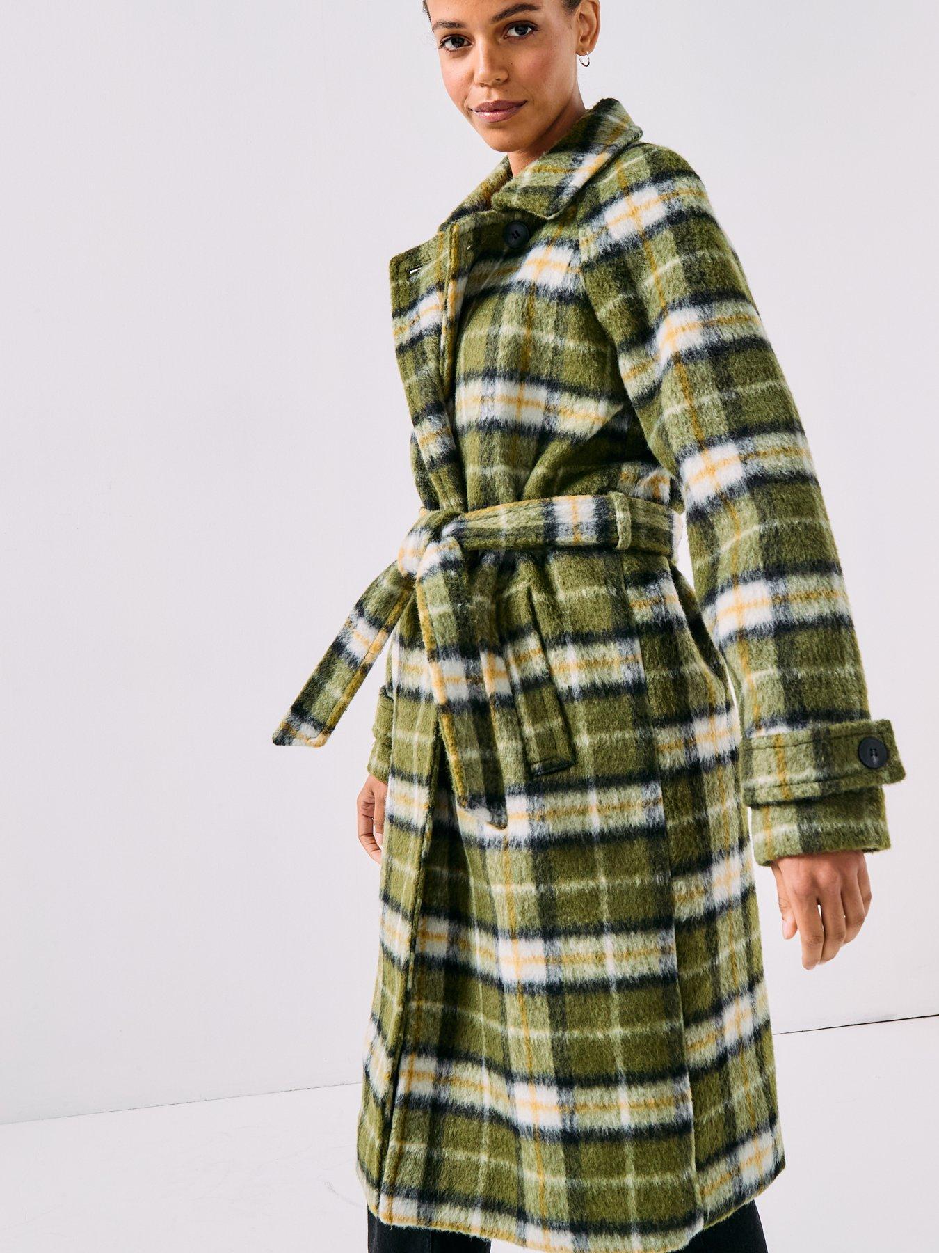 Image 5 of 6 of Vero Moda Check Long Wool Textured Coat - Green