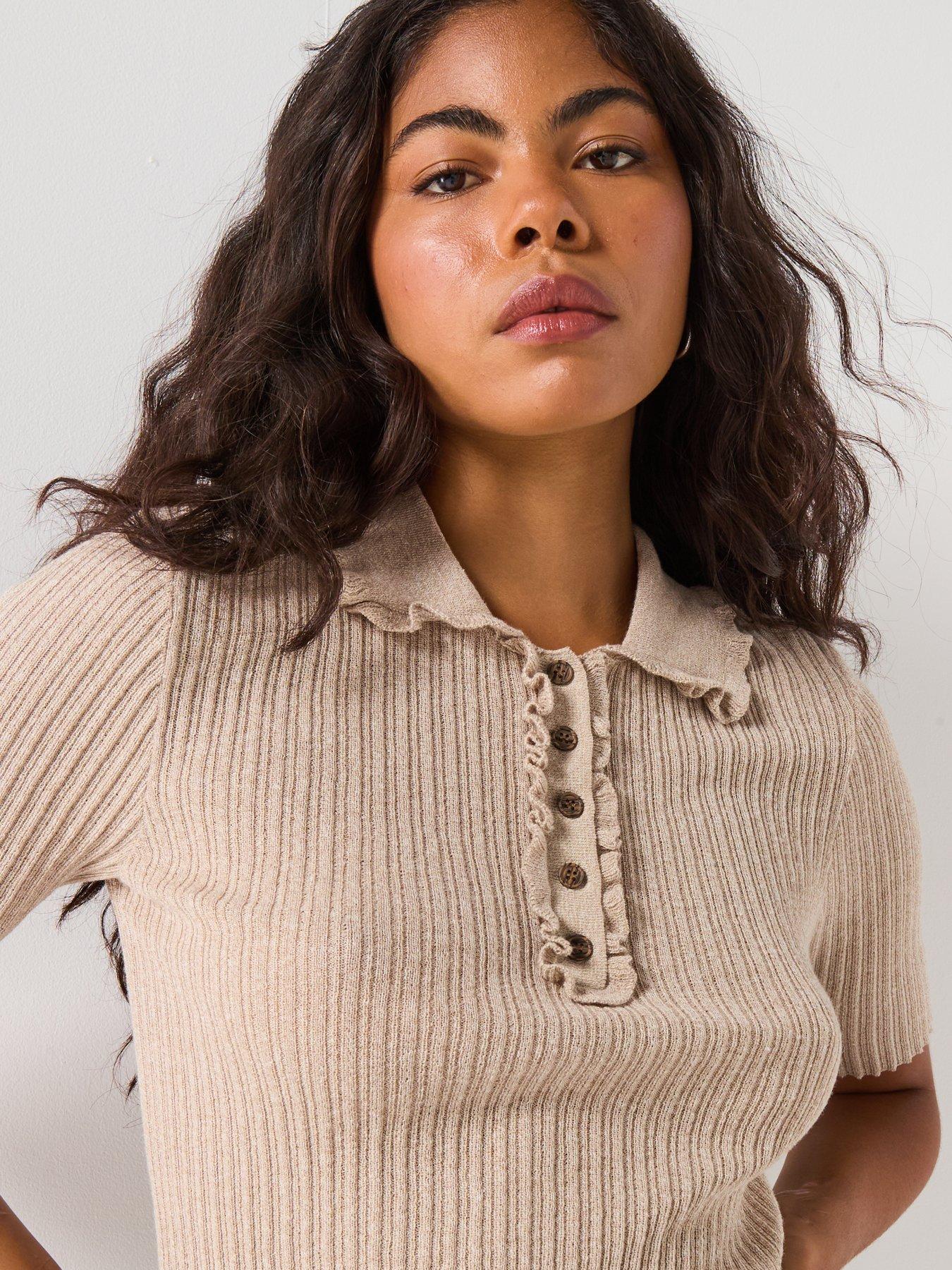 Image 4 of 5 of AWARE Shirli Short Sleeve Knit Polo Top - Beige