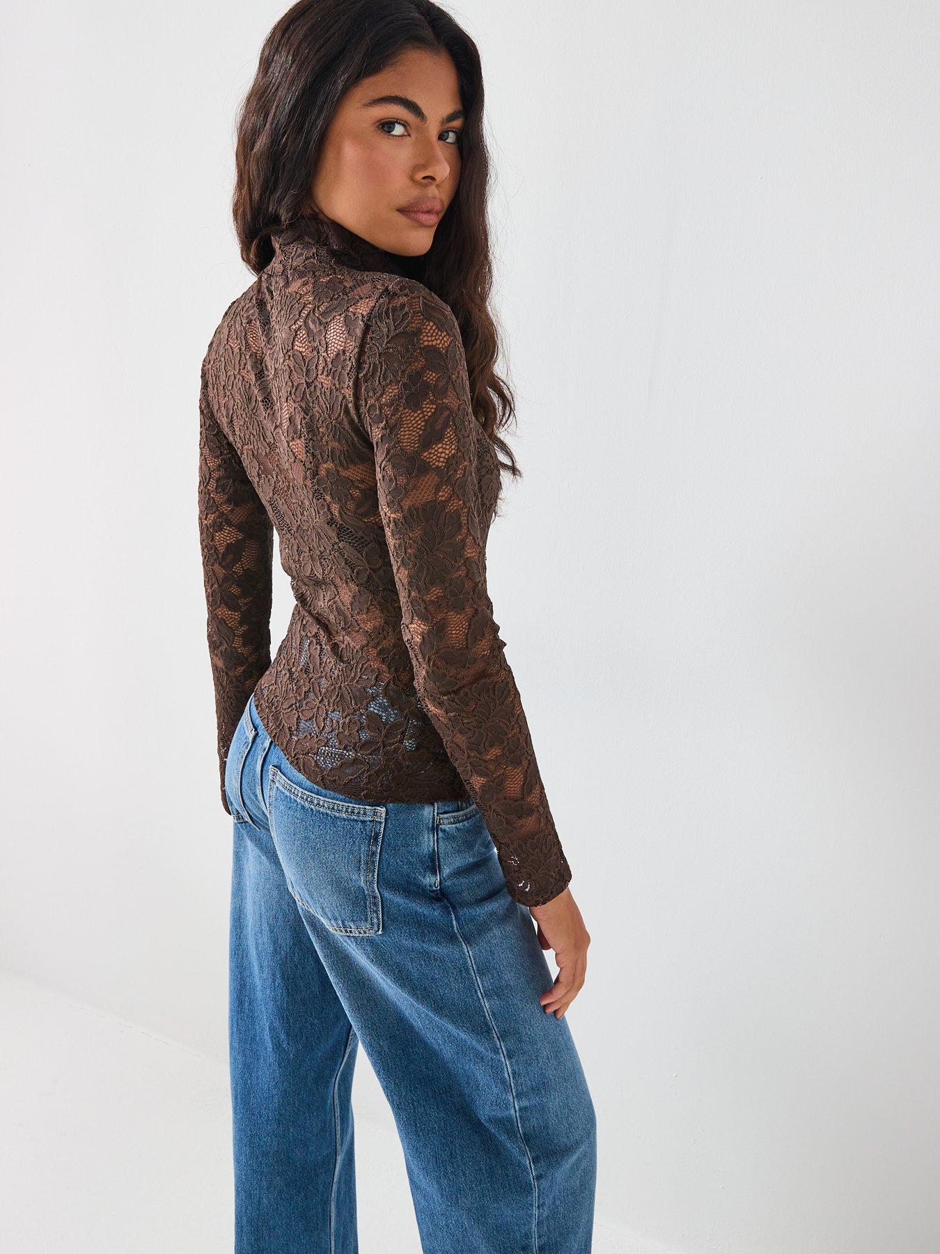  image of vero-moda-neline-long-sleeve-high-neck-top-brown