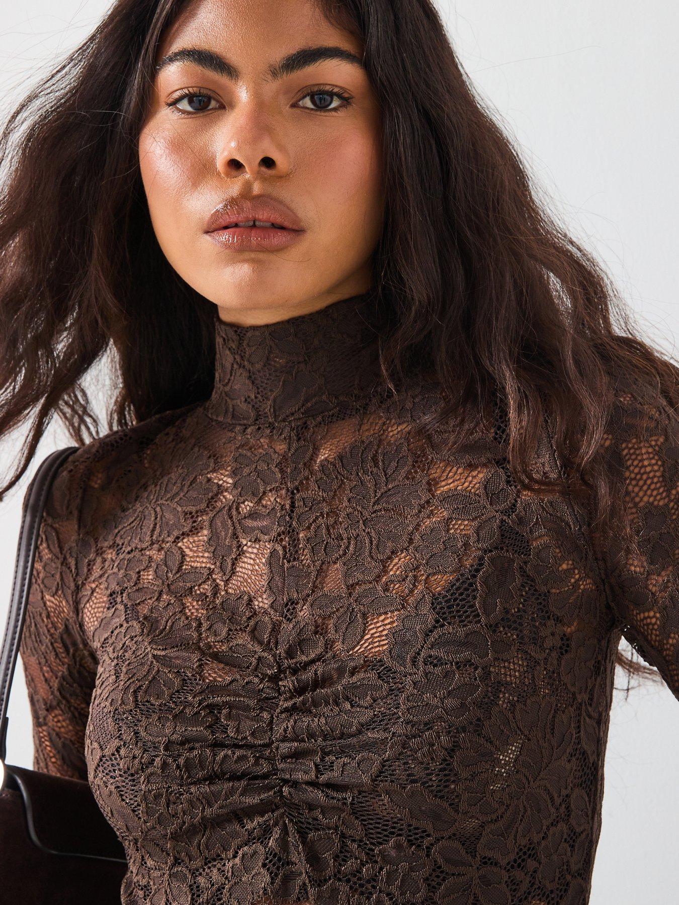  image of vero-moda-neline-long-sleeve-high-neck-top-brown