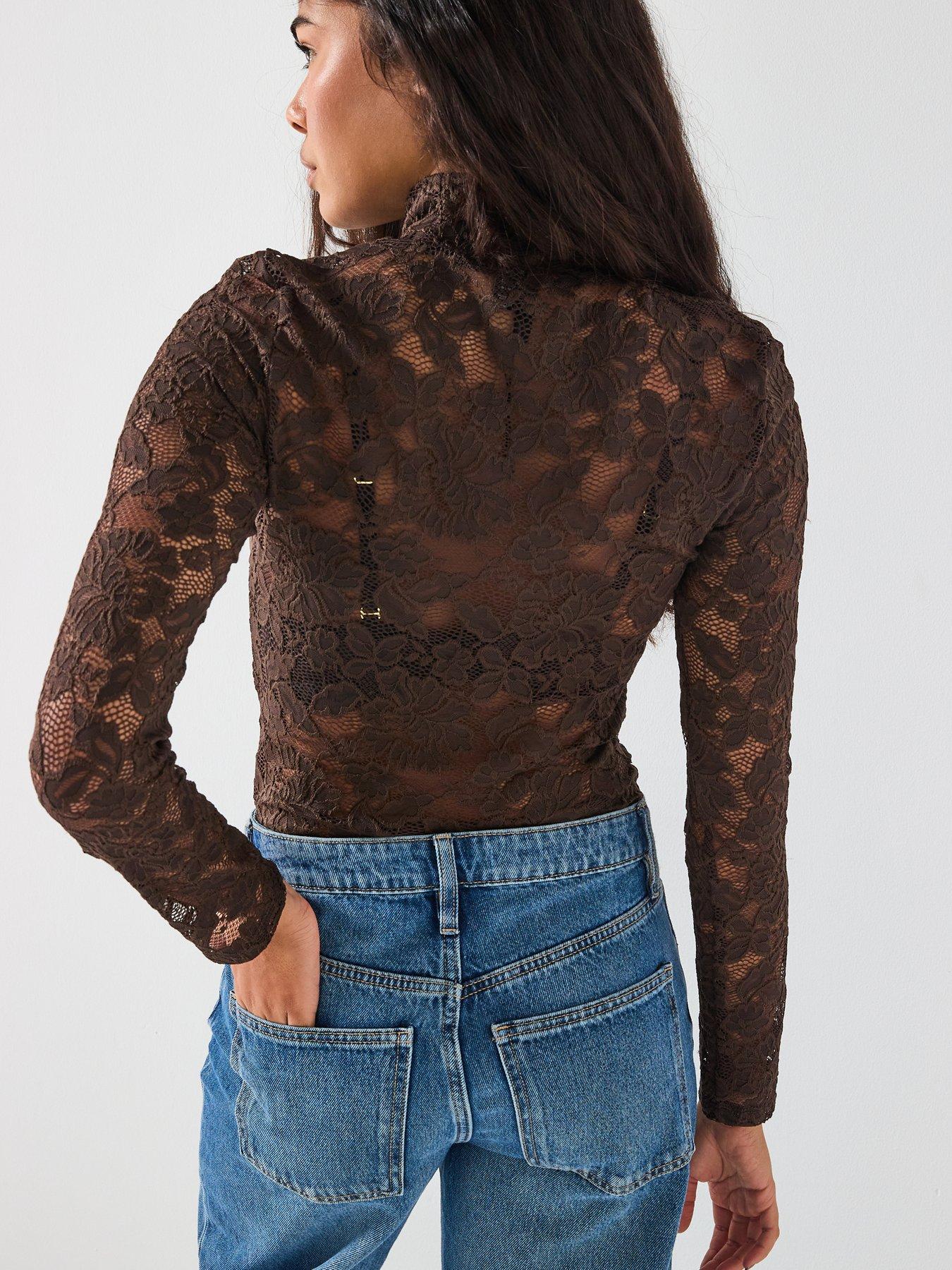  image of vero-moda-neline-long-sleeve-high-neck-top-brown