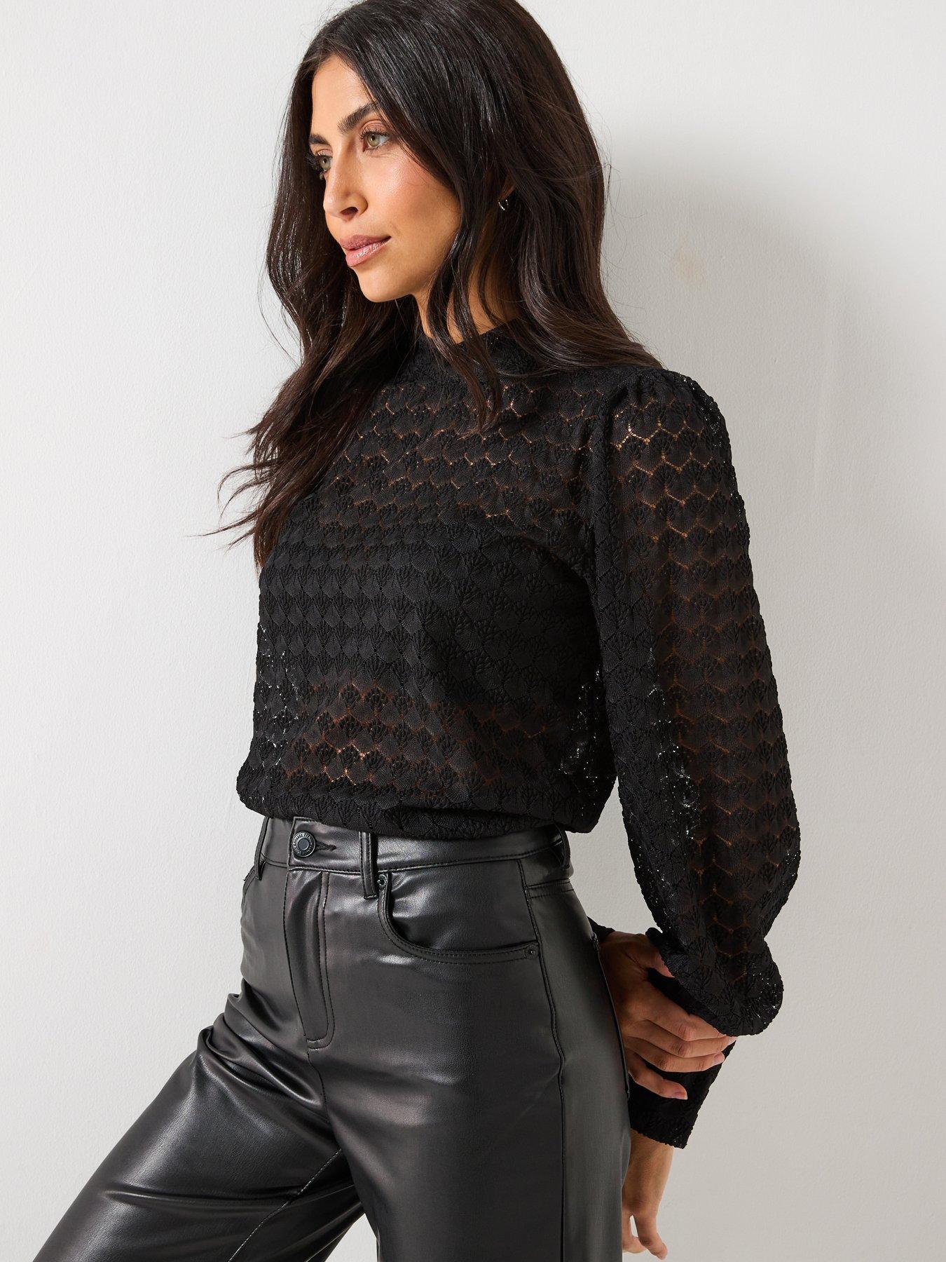 Vero Moda Becca Long Sleeve High Neck Lace Jersey Top - Black
