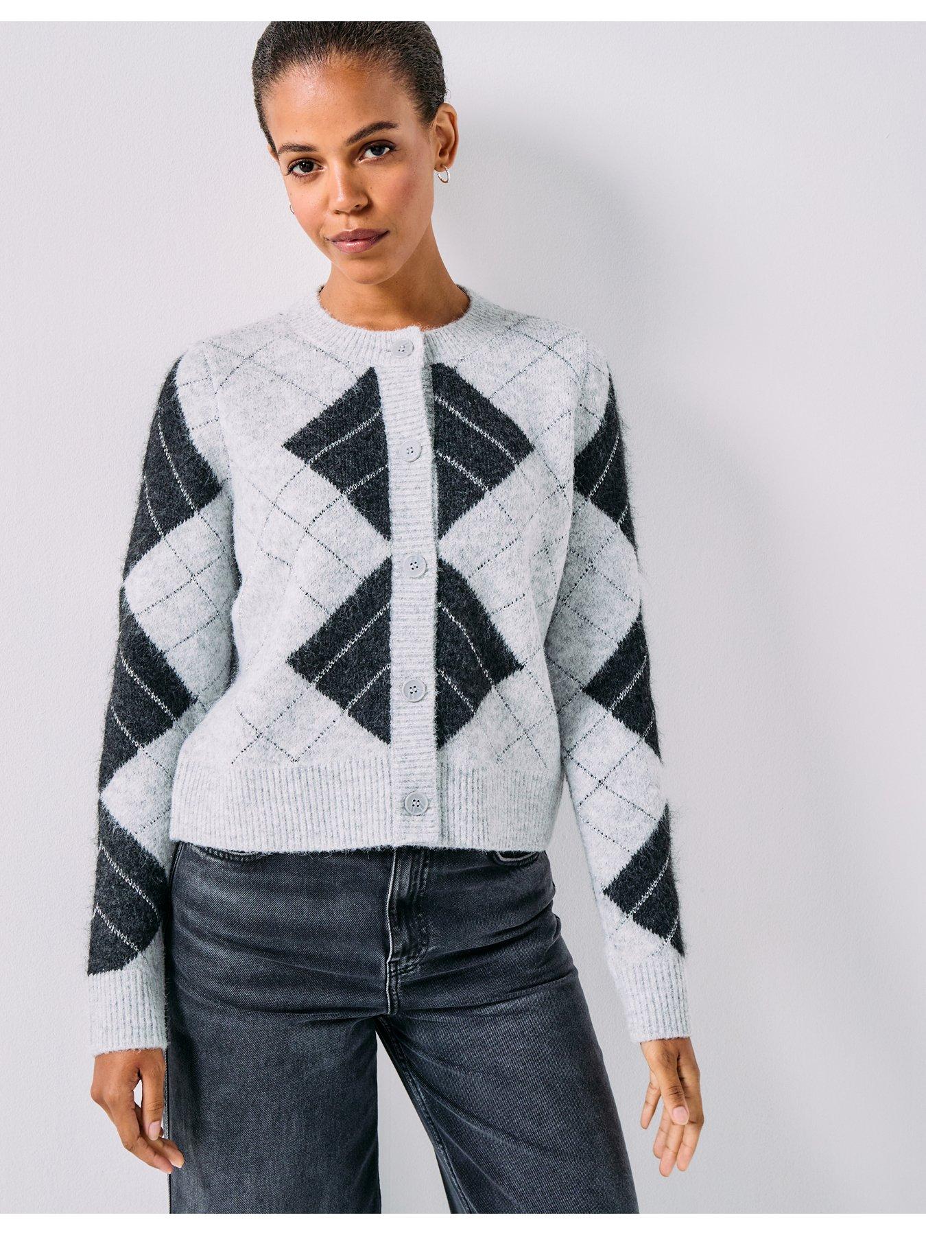 Vero Moda Diamond Print Crew Neck Cardigan - Grey