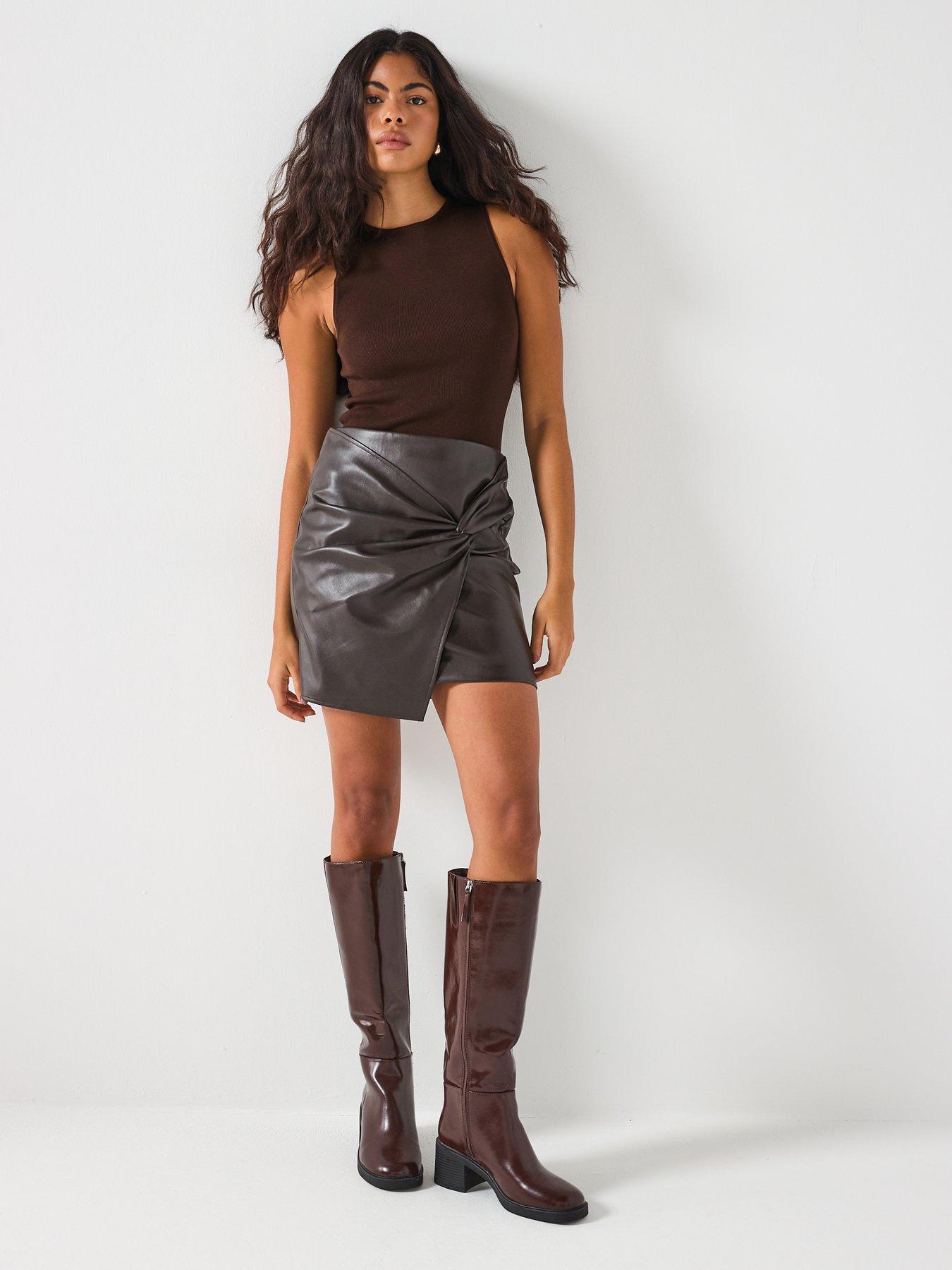  image of vero-moda-gawn-mid-waist-pu-short-wrap-skirt-brown