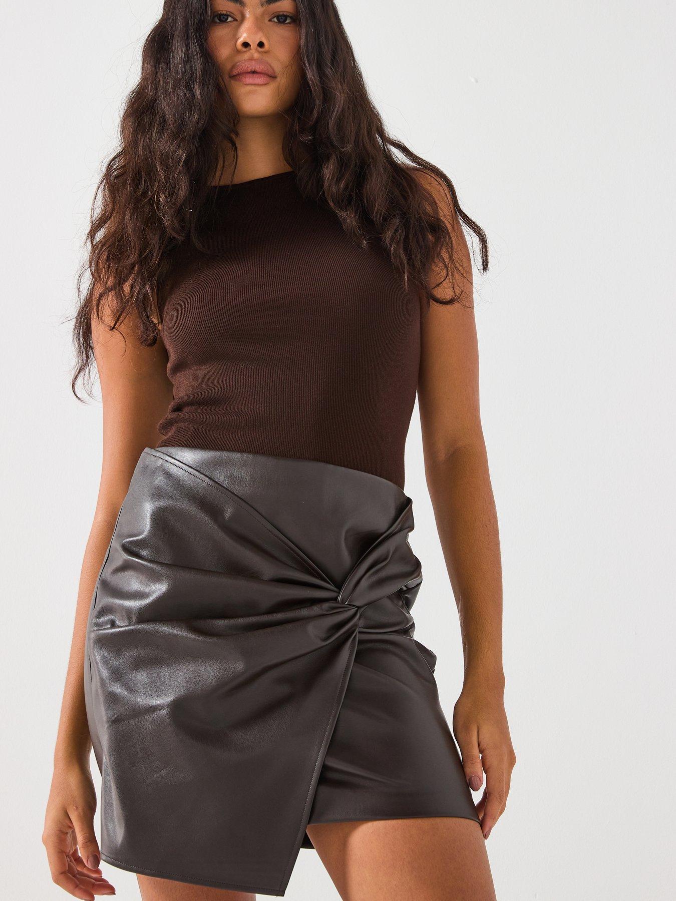  image of vero-moda-gawn-mid-waist-pu-short-wrap-skirt-brown