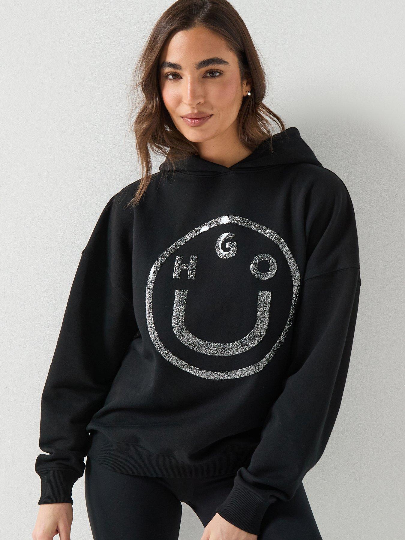Image 1 of 6 of HUGO Cotton-Terry Hoodie with Glittery Happy HUGO Logo - Black