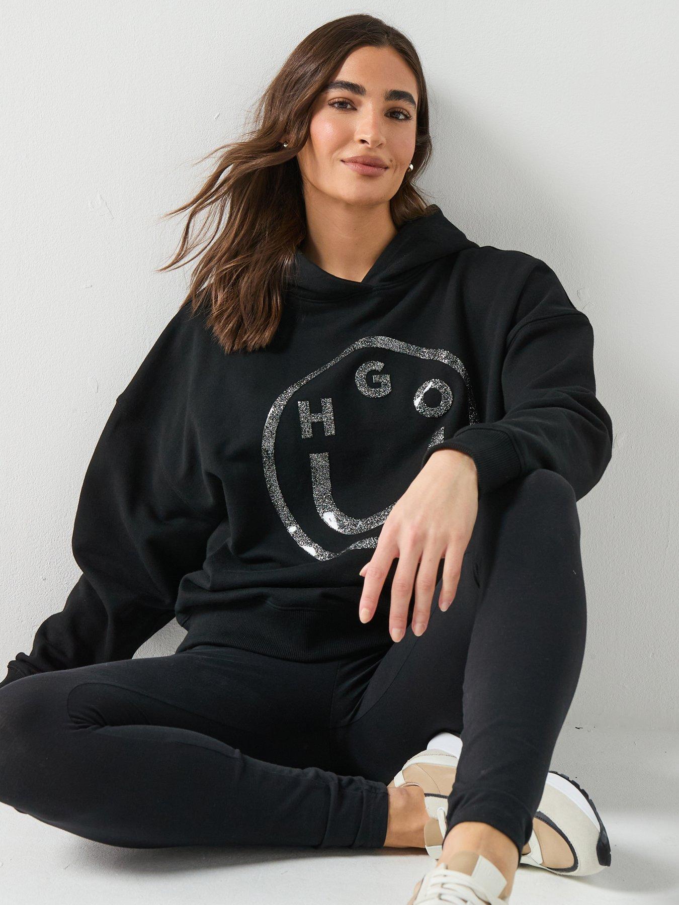 Image 4 of 6 of HUGO Cotton-Terry Hoodie with Glittery Happy HUGO Logo - Black