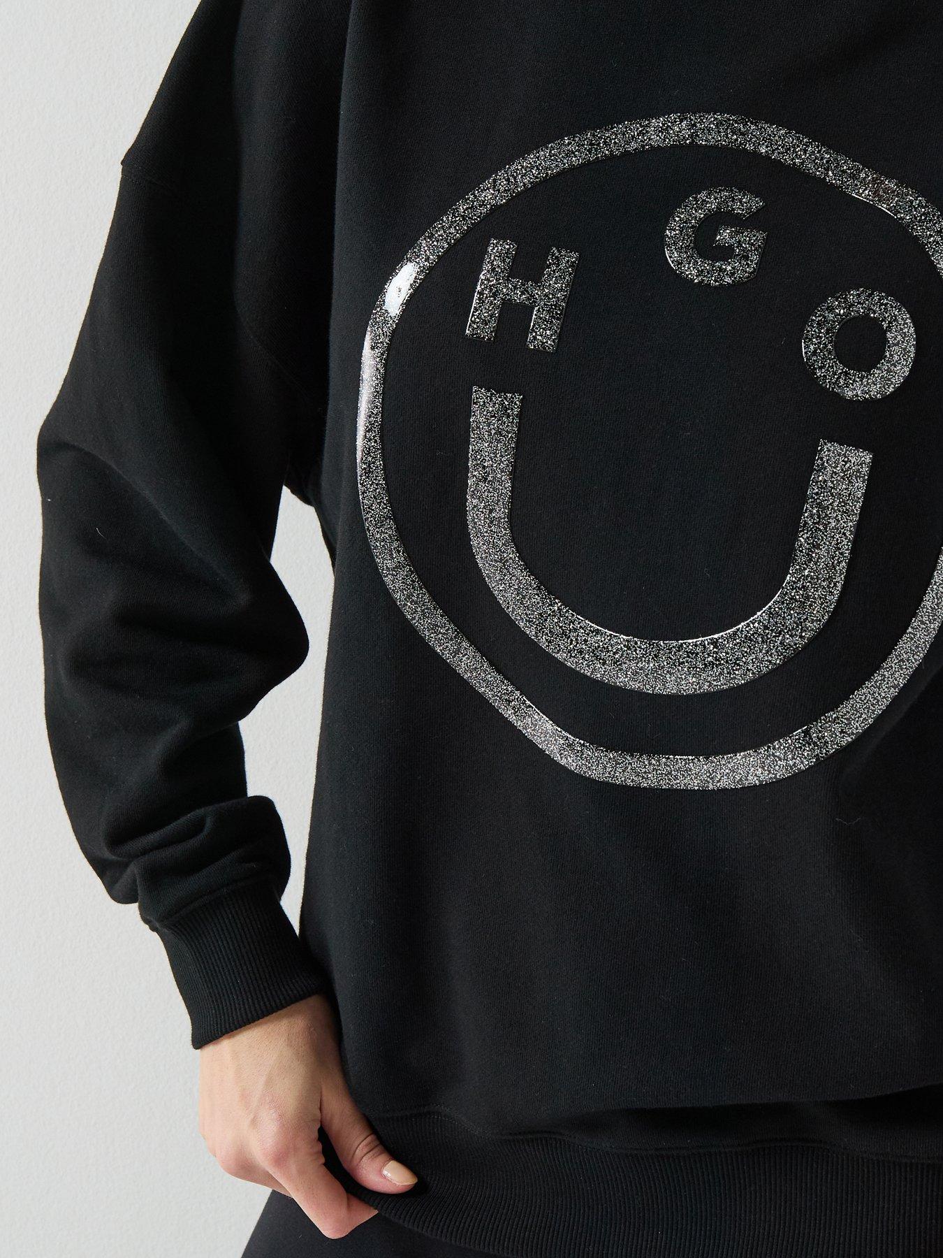 Image 5 of 6 of HUGO Cotton-Terry Hoodie with Glittery Happy HUGO Logo - Black