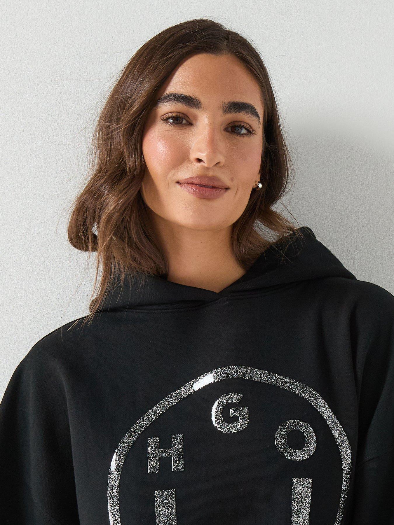 Image 6 of 6 of HUGO Cotton-Terry Hoodie with Glittery Happy HUGO Logo - Black
