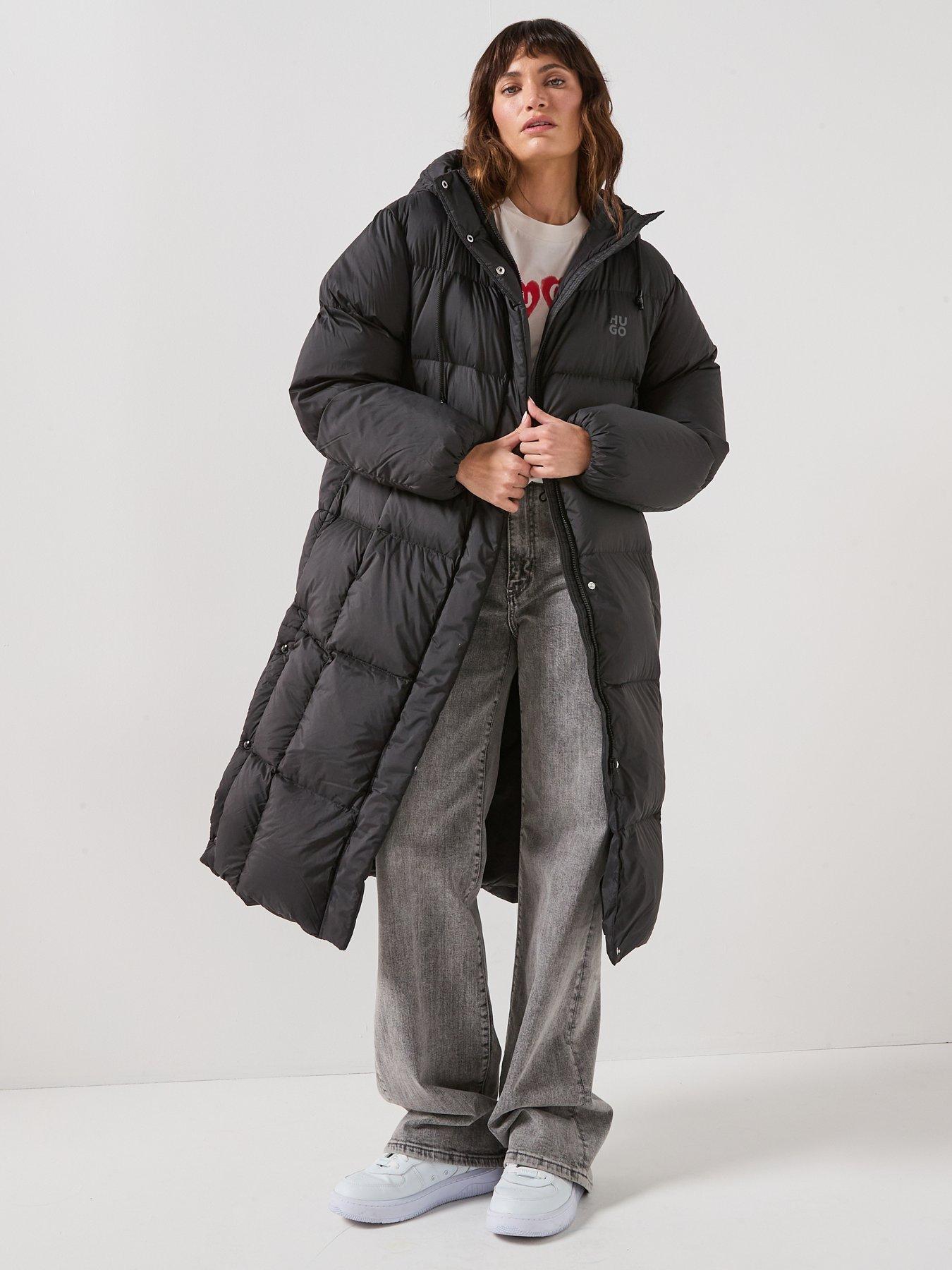 Image 1 of 6 of HUGO Long Hooded Puffer Coat - Black
