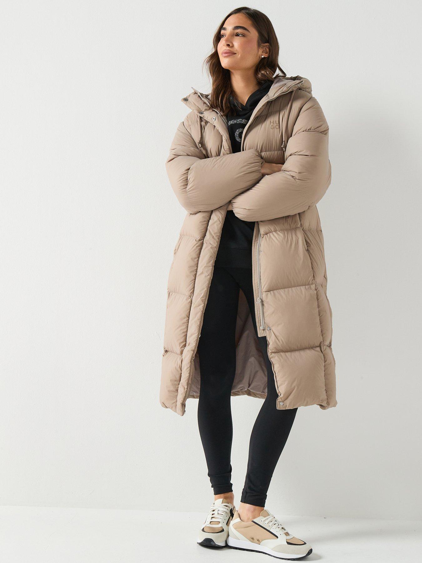 Image 1 of 6 of HUGO Long Hooded Puffer Coat - Light Beige