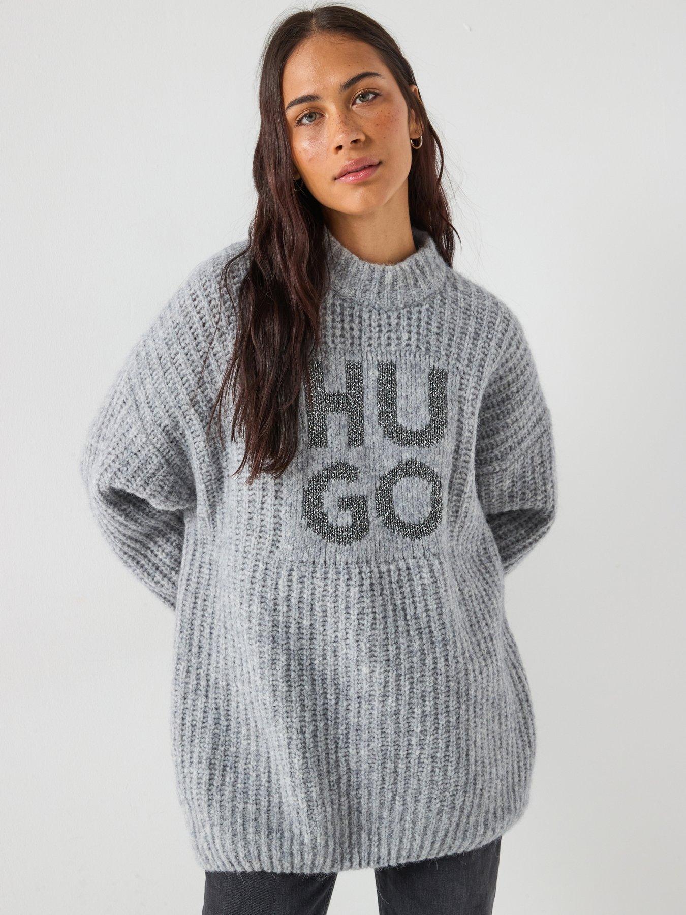  image of hugo-oversized-knitted-jumper-grey