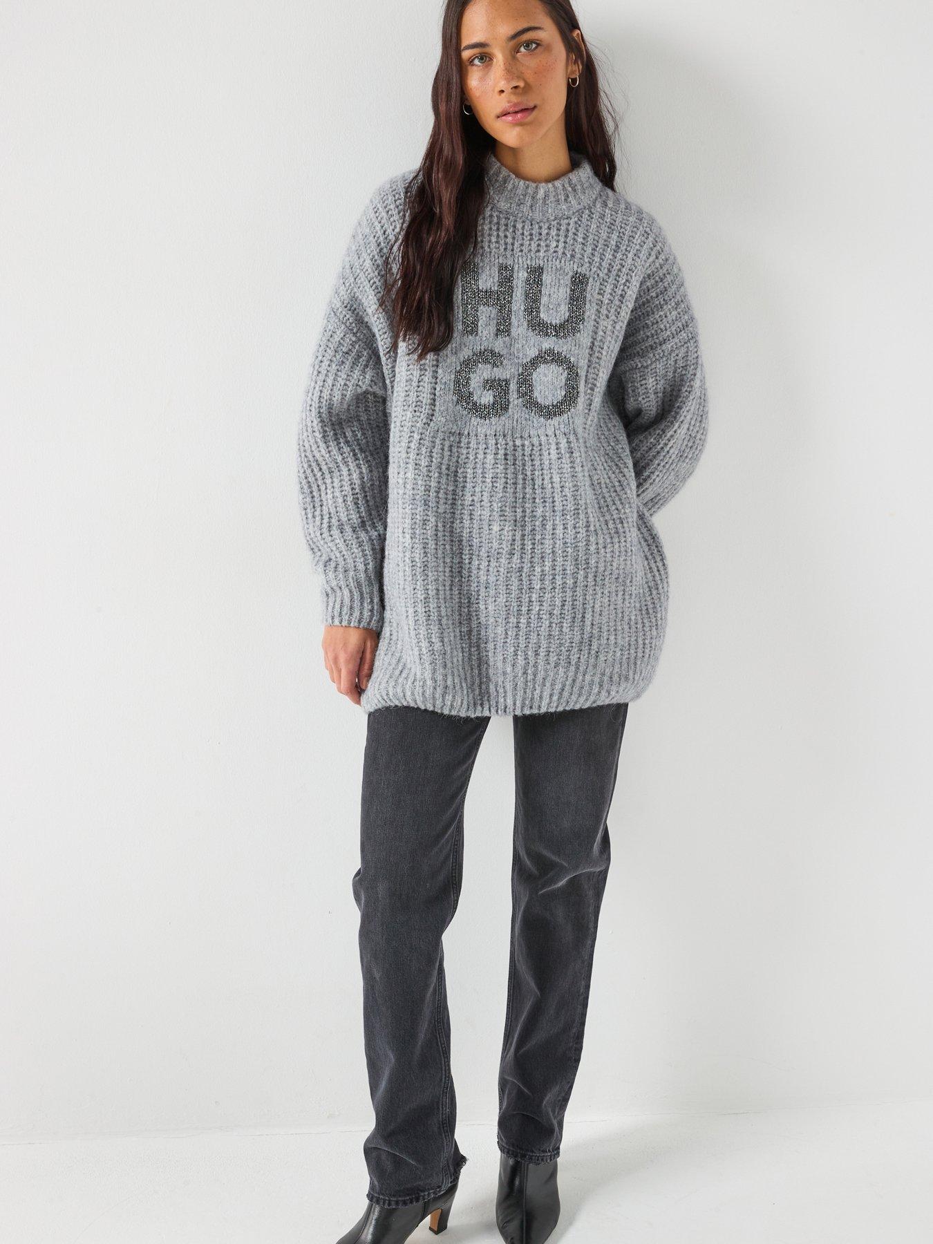  image of hugo-oversized-knitted-jumper-grey