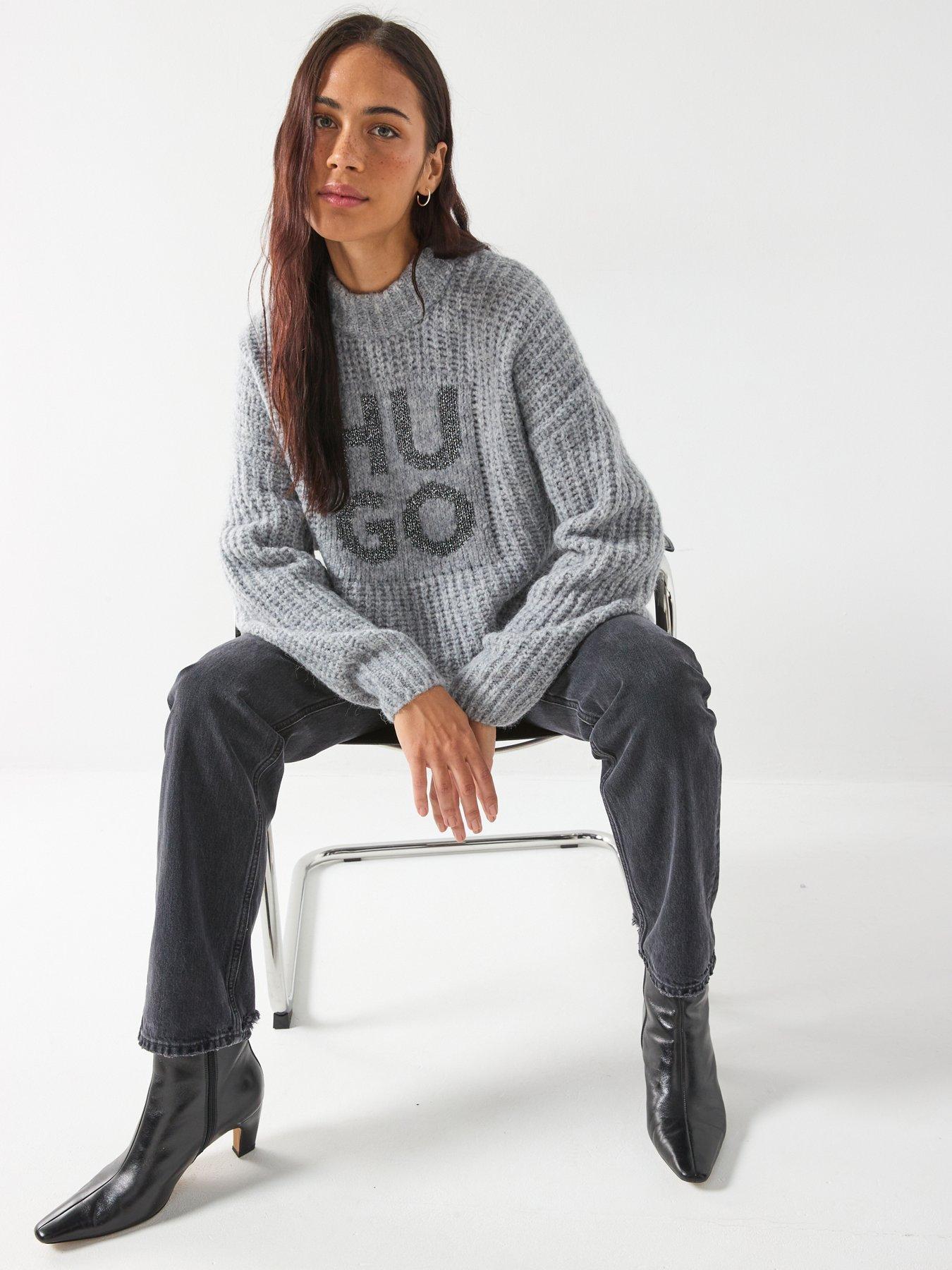  image of hugo-oversized-knitted-jumper-grey