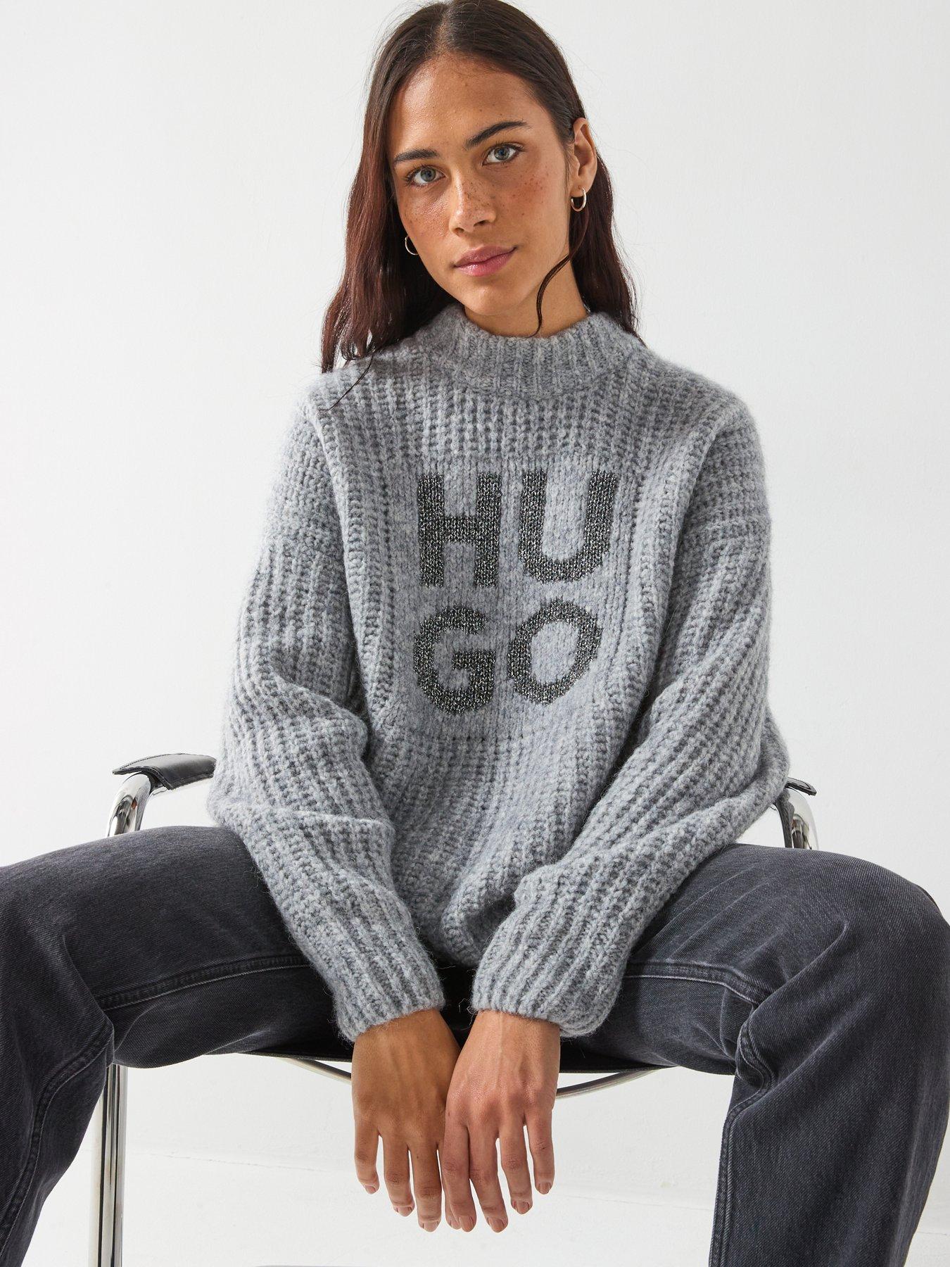  image of hugo-oversized-knitted-jumper-grey