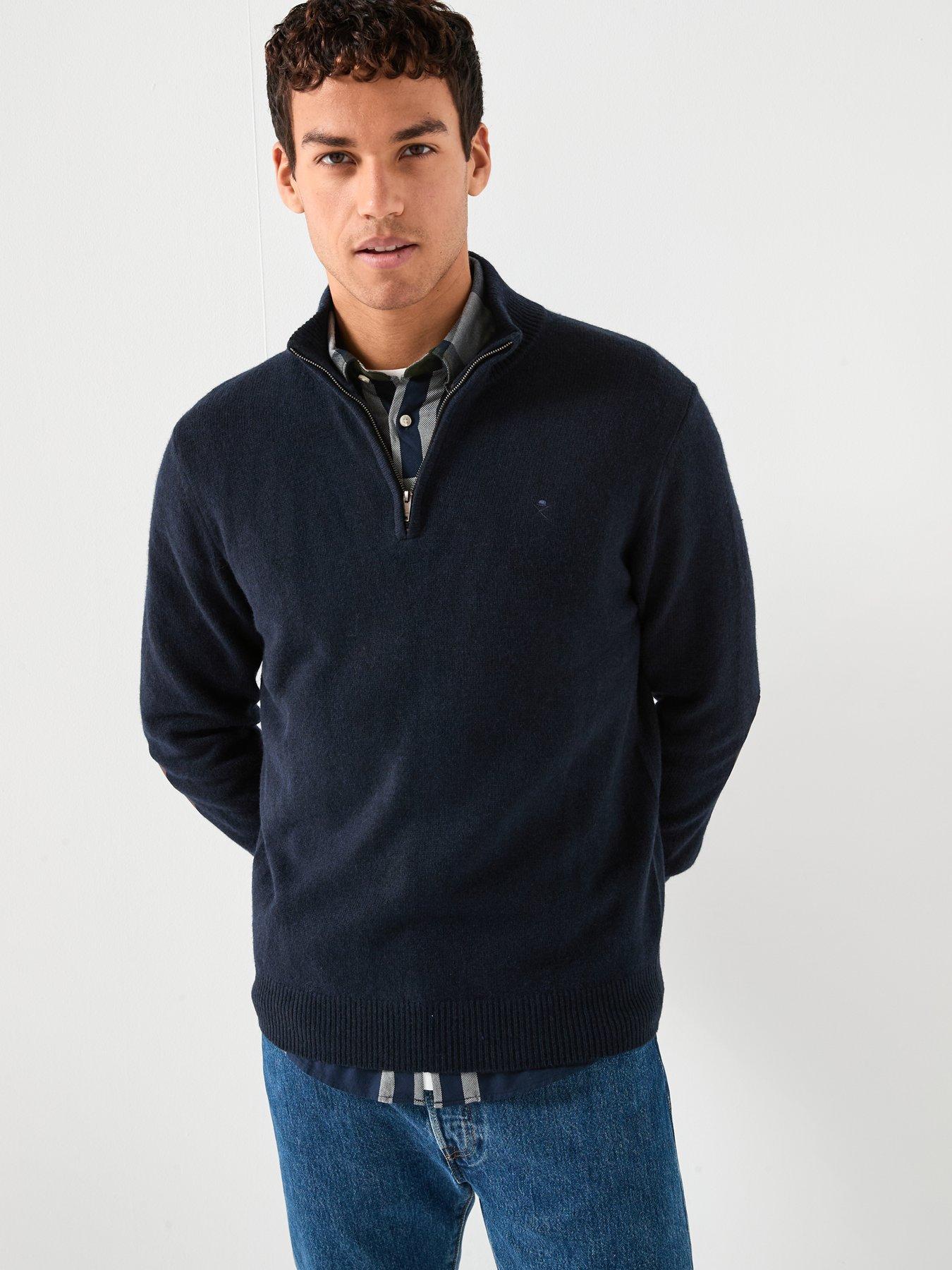 front image of hackett-lambswool-half-zip-knitted-jumper-navy