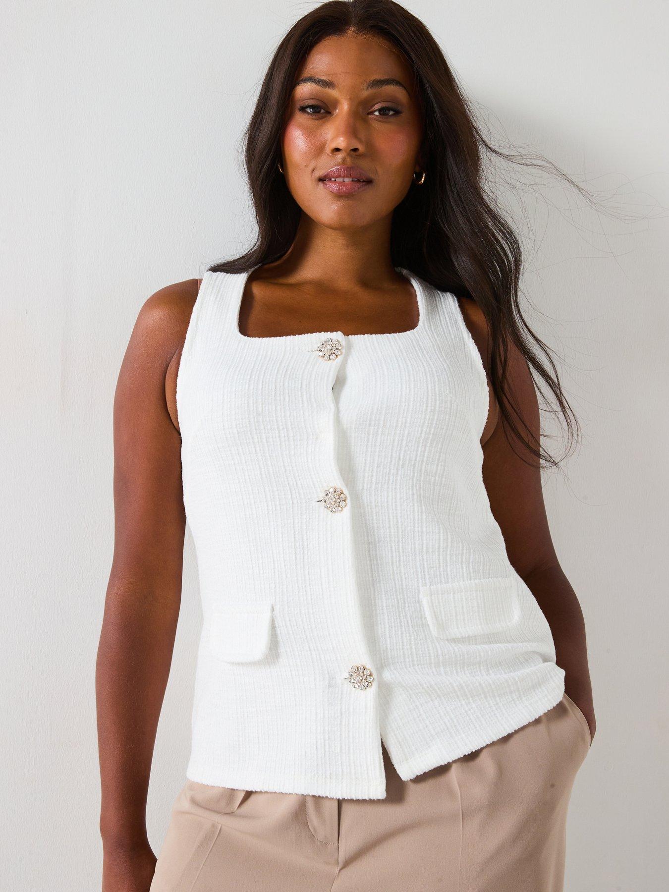 V by Very Curve Diamante Button Waistcoat - Cream