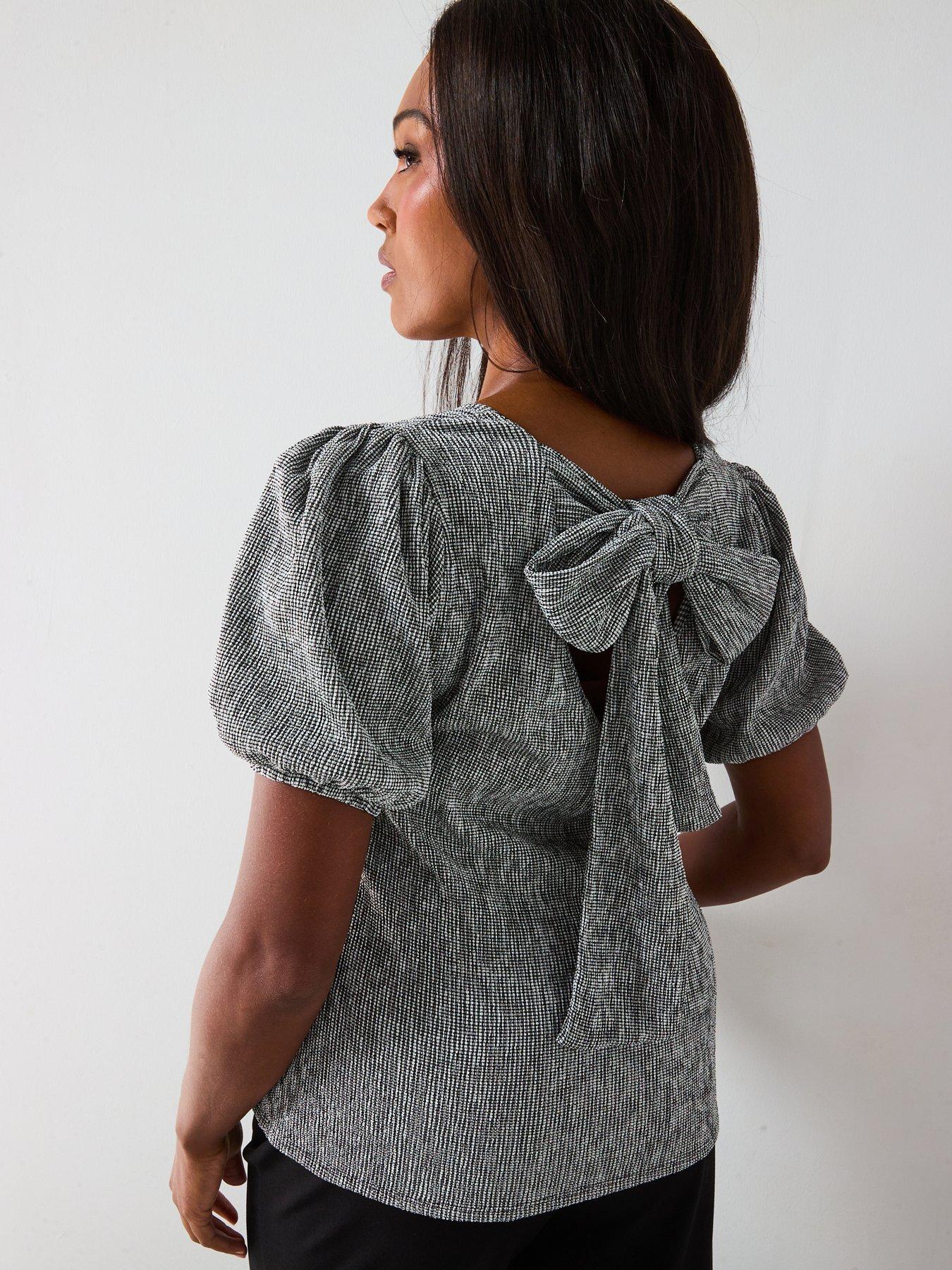 V by Very Curve Gingham Crinkle Bow Back Top - Multi
