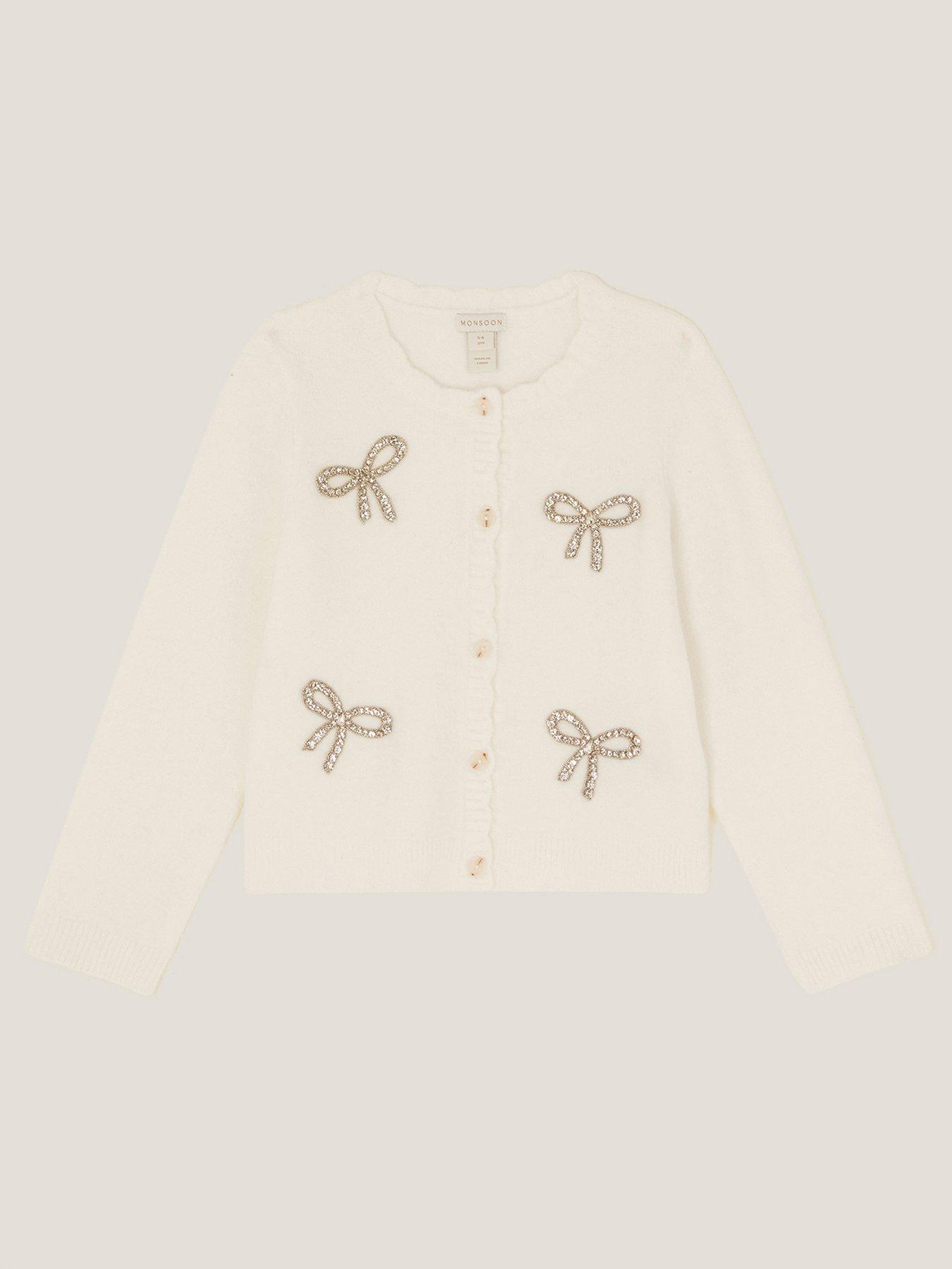 undefined Girls Hotfix Bow Knitted Cardigan - Light Cream