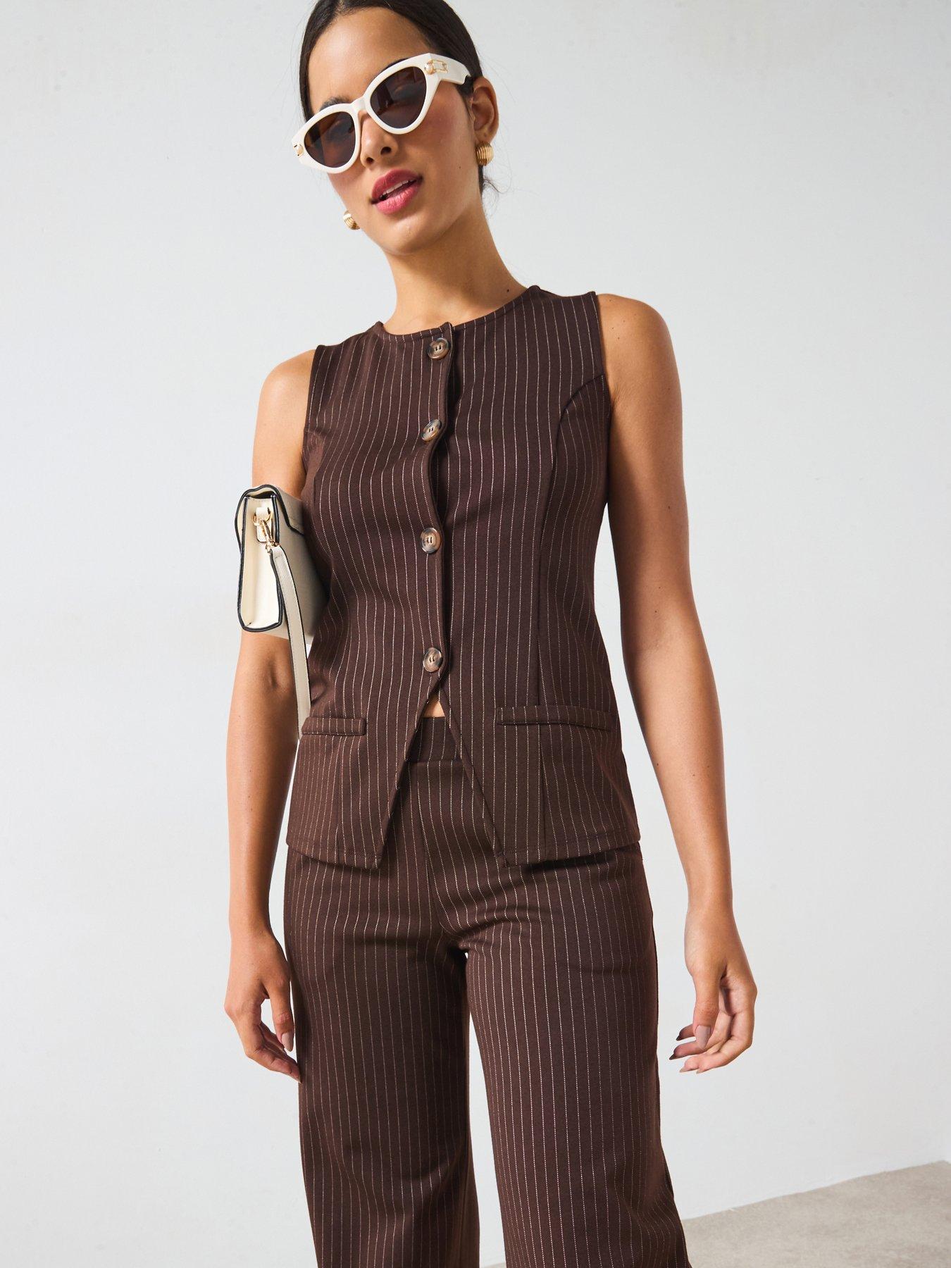 V by Very Longline Pinstripe Waistcoat Top Co-ord - Brown Stripe