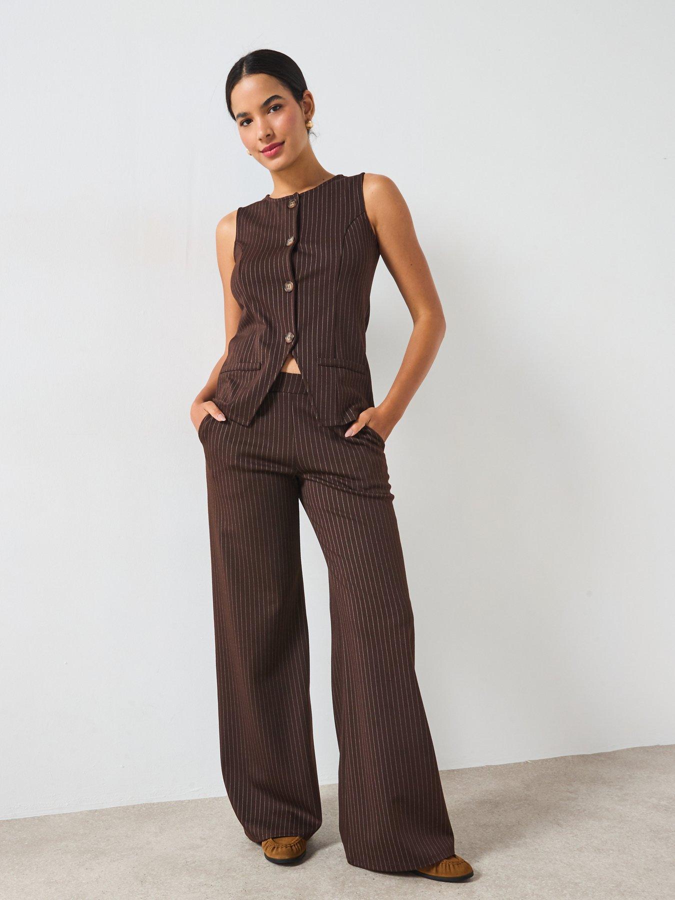 Image 3 of 6 of V by Very Wide Leg Pinstripe Trousers Co-Ord - Brown Stripe