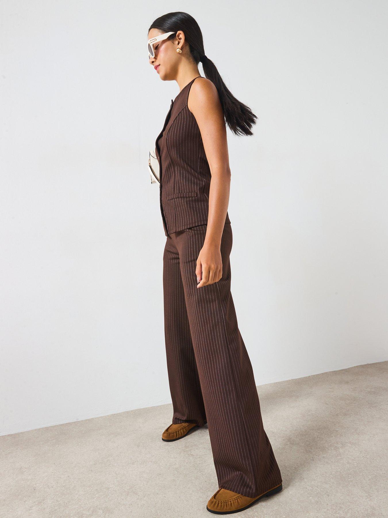 Image 6 of 6 of V by Very Wide Leg Pinstripe Trousers Co-Ord - Brown Stripe