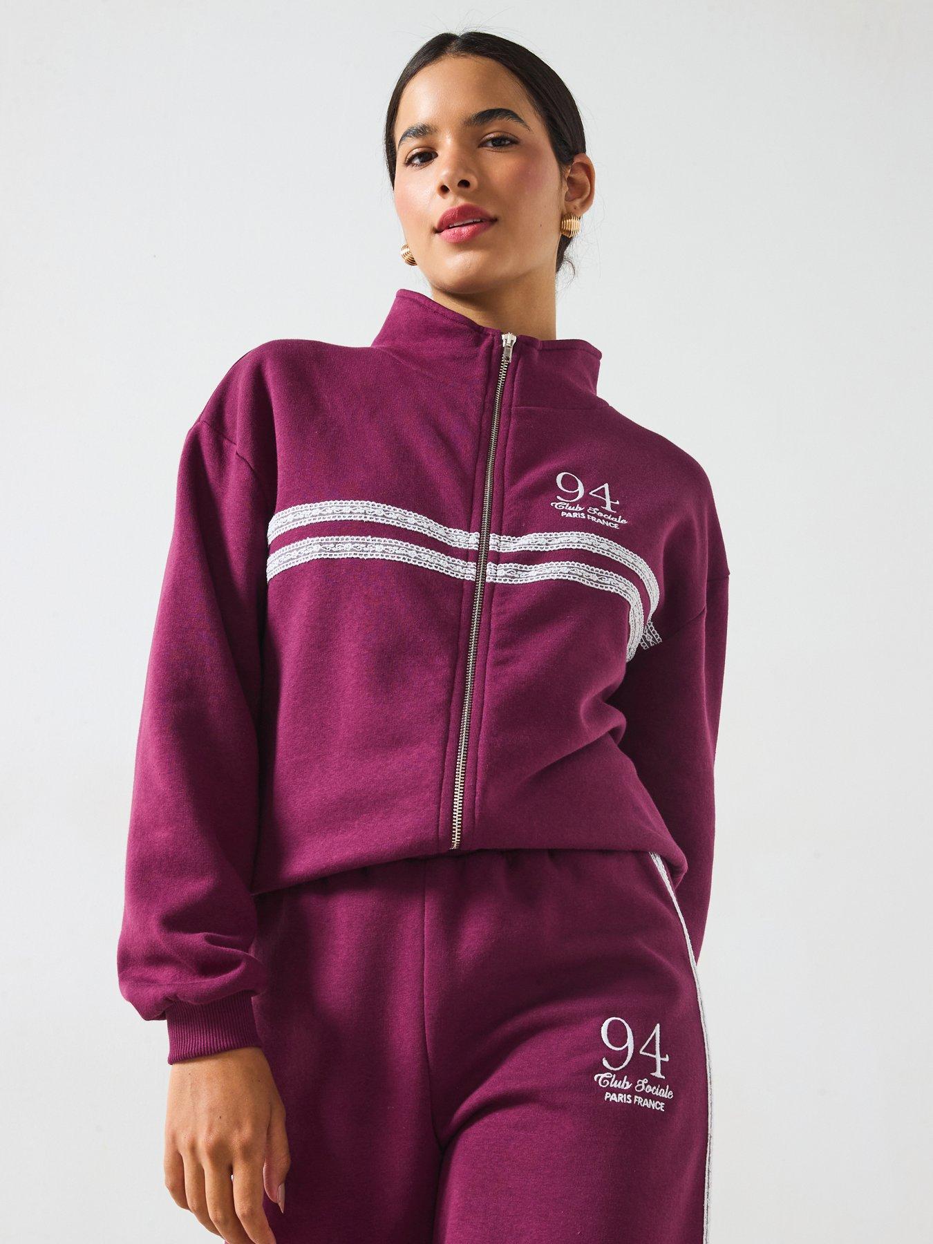 undefined Lace Trim Zip Up Sweatshirt Co-ord - Burgundy