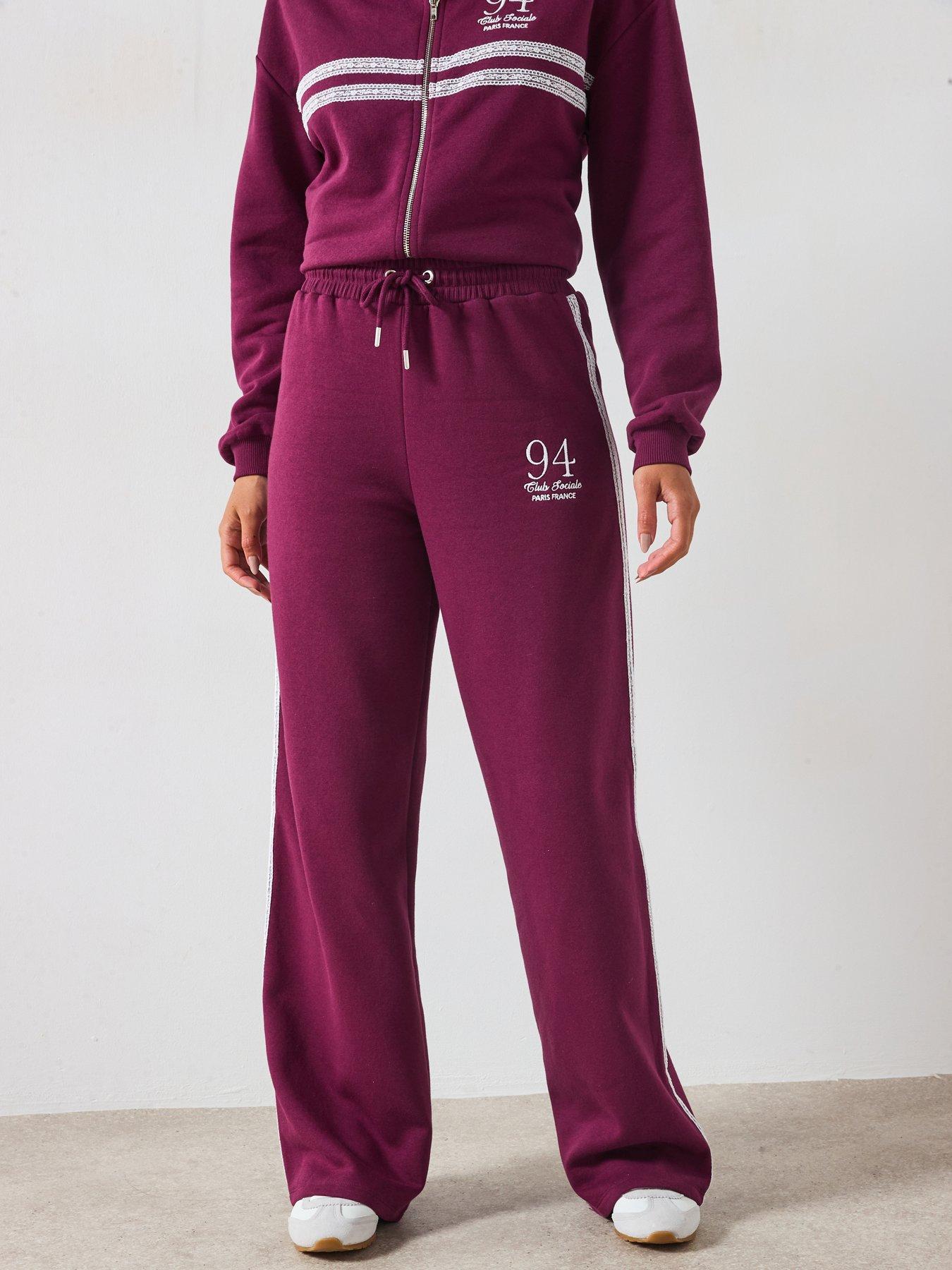 undefined Lace Trim Wide Leg Joggers Co-ord - Burgundy
