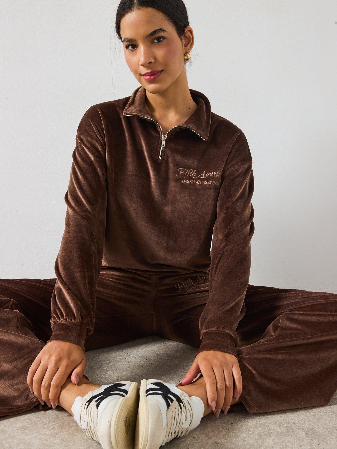 V by Very Velour 1/2 Zip Sweatshirt Co-Ord - Brown