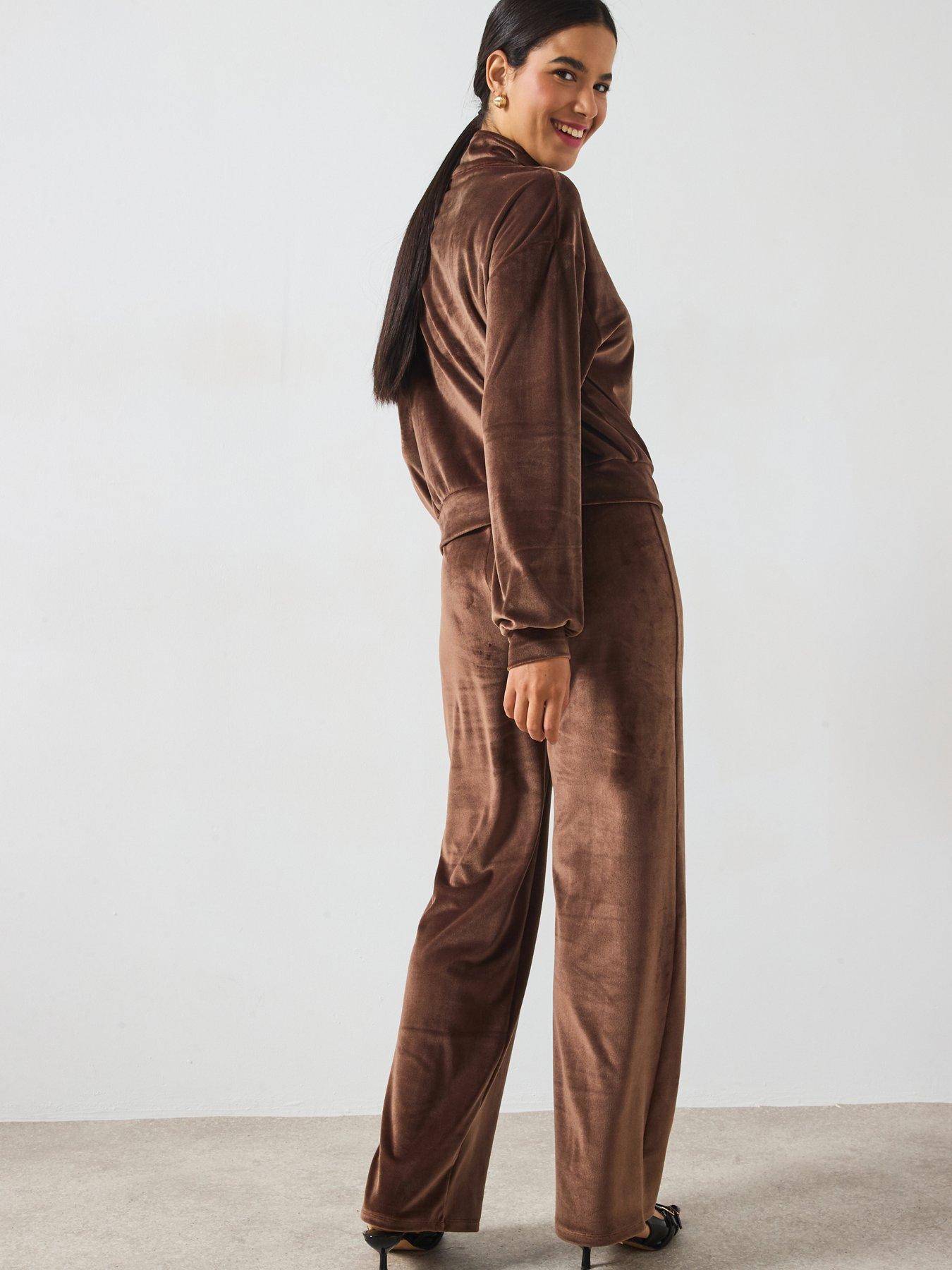 Image 5 of 6 of V by Very Velour Wide Leg Joggers Co-Ord - Brown