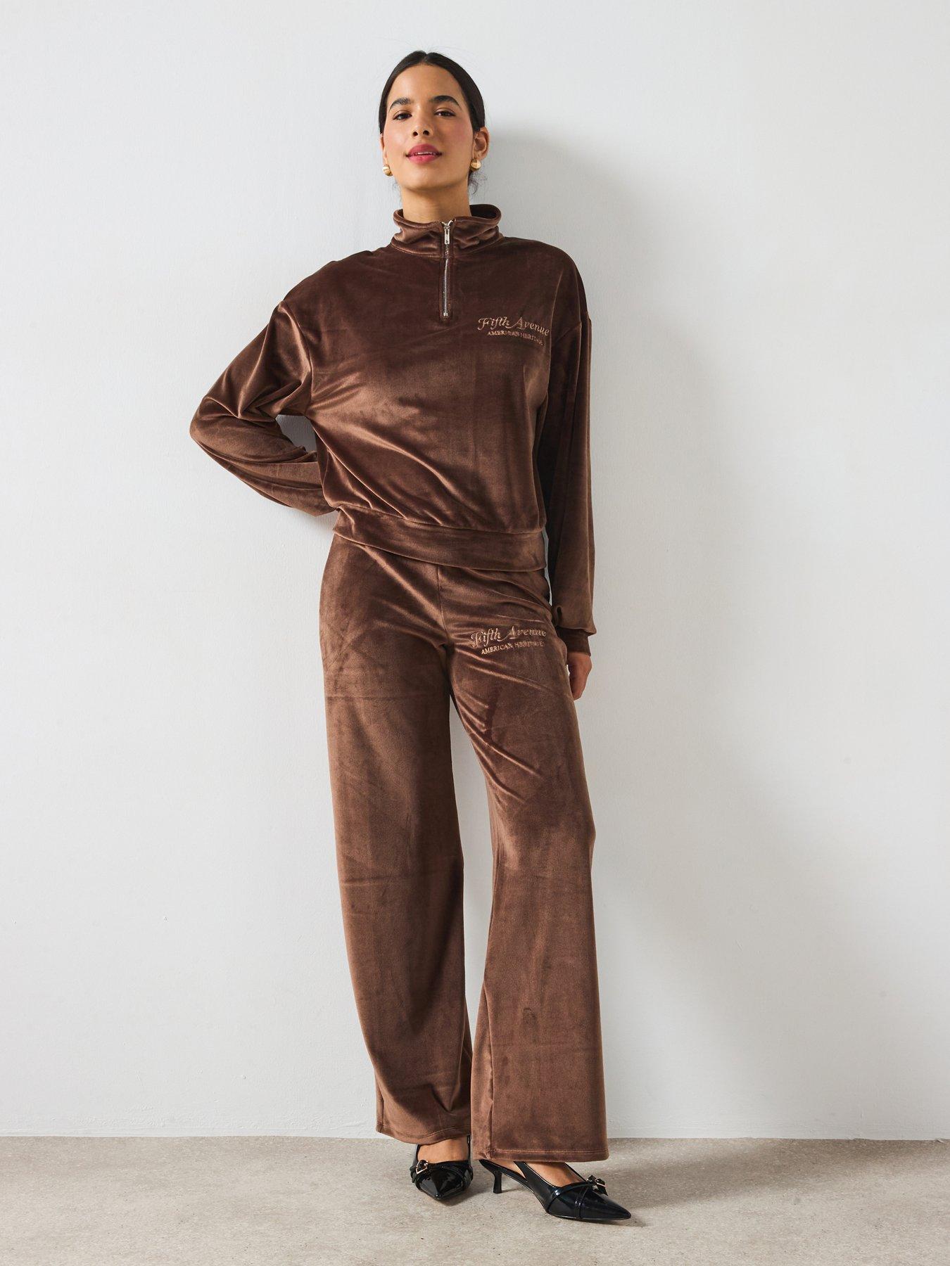 Image 6 of 6 of V by Very Velour Wide Leg Joggers Co-Ord - Brown