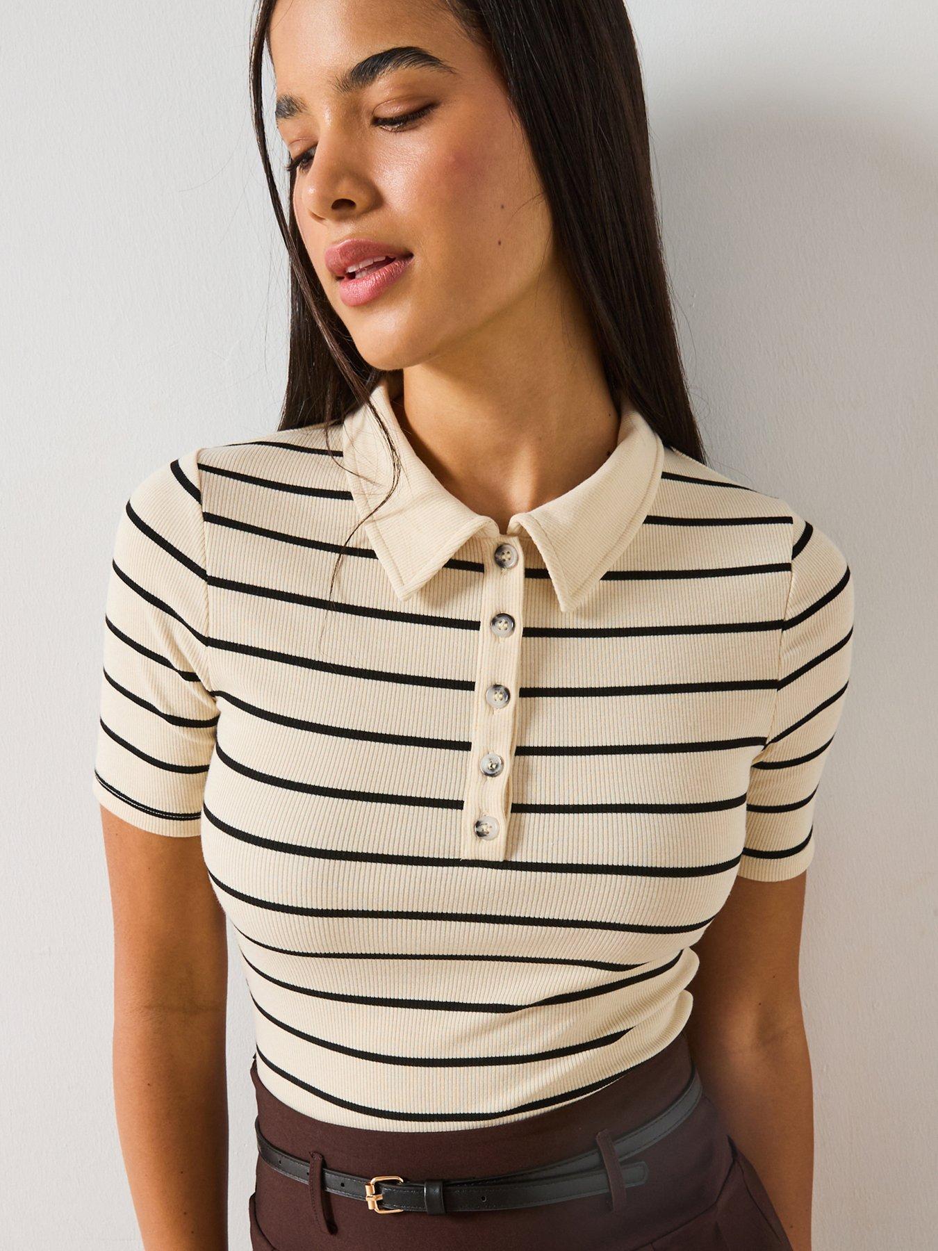 Image 1 of 6 of V by Very Collar Detail Stripe Rib Top - Stripe