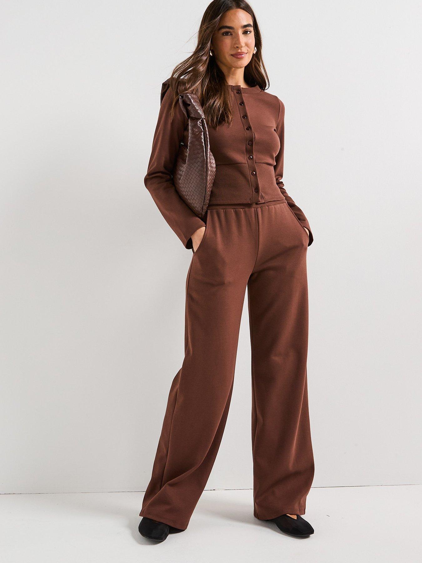 Image 3 of 6 of V by Very Button Up Deep Waistband Sweatshirt Co-Ord - Brown