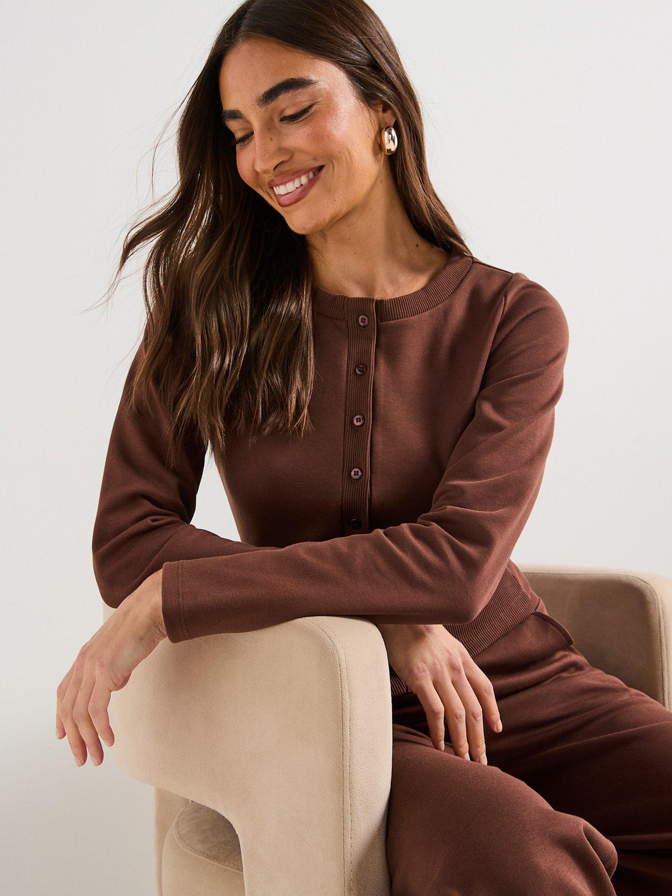 Image 4 of 6 of V by Very Button Up Deep Waistband Sweatshirt Co-Ord - Brown