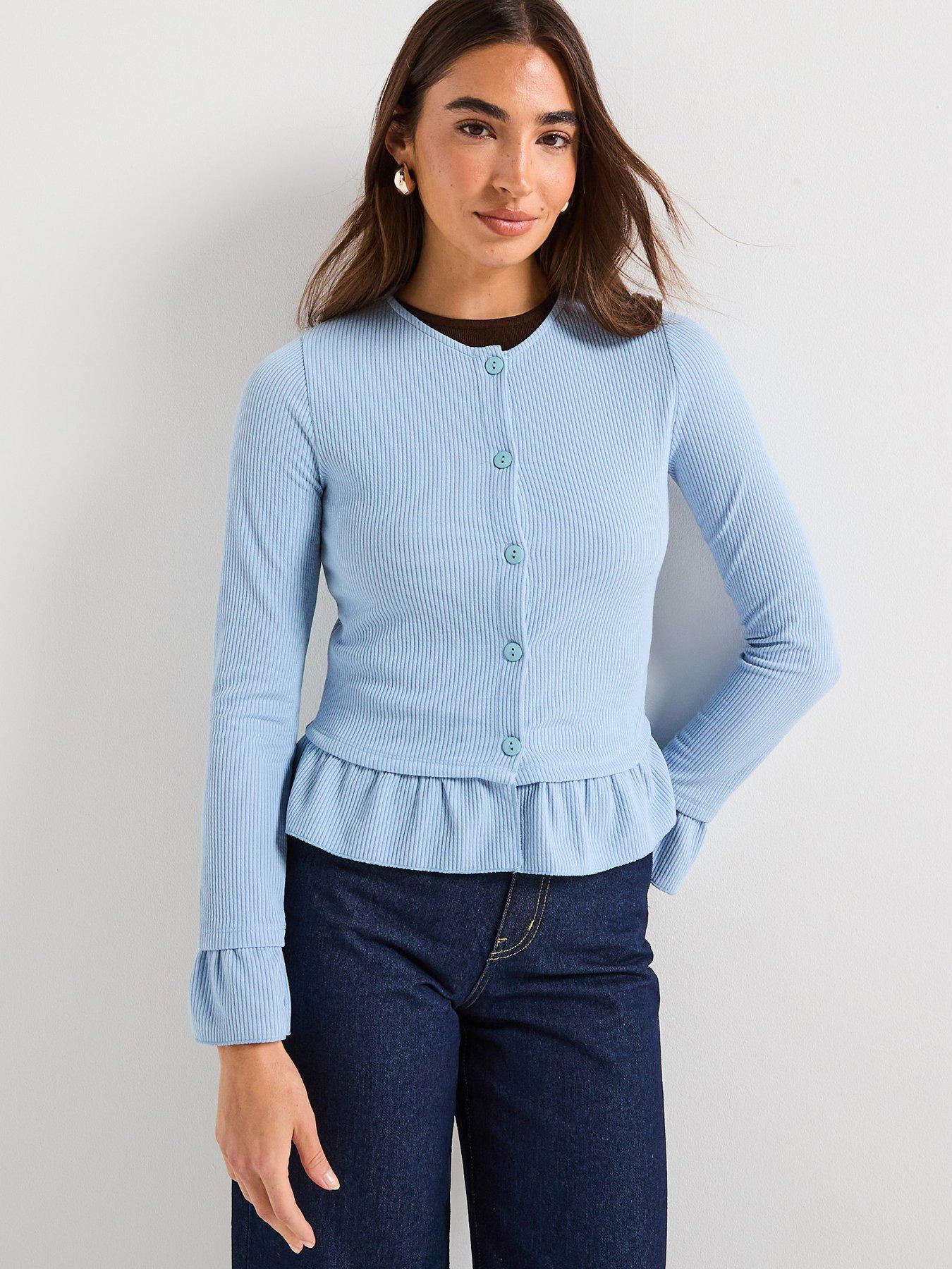 undefined Button Up Frill Detail Frill Cardigan - Blue