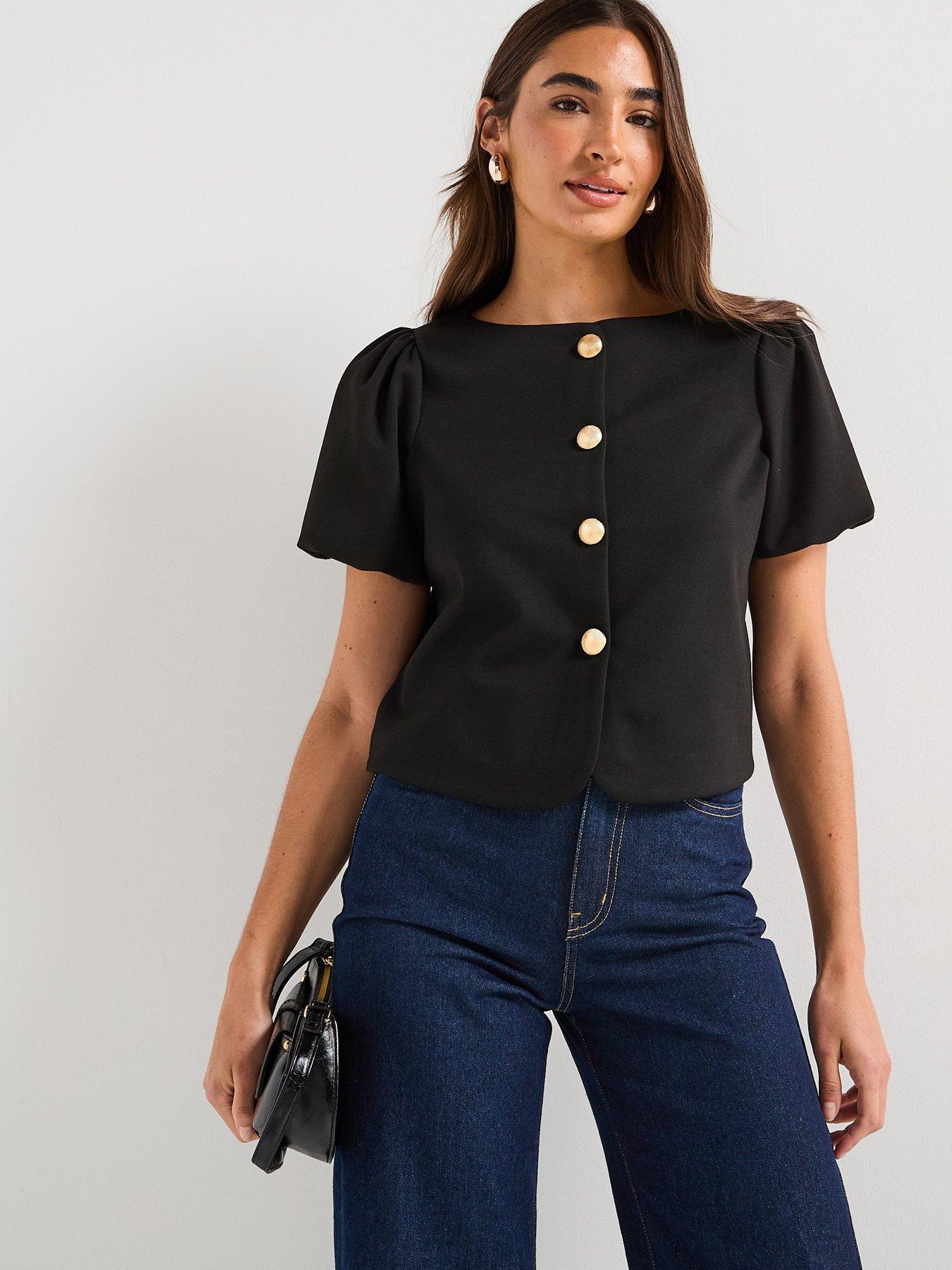 V by Very Puff Sleeve Button Up Top - Black