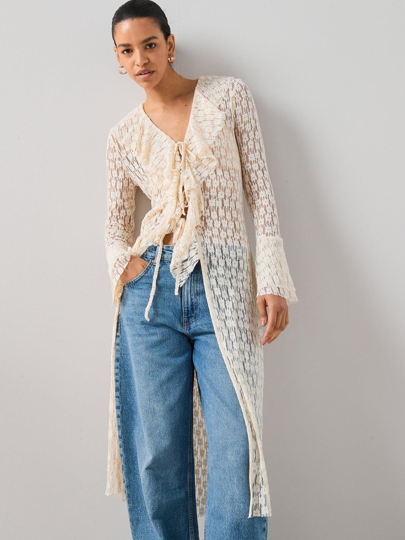 undefined Longline Frill Front Lace Top - Cream