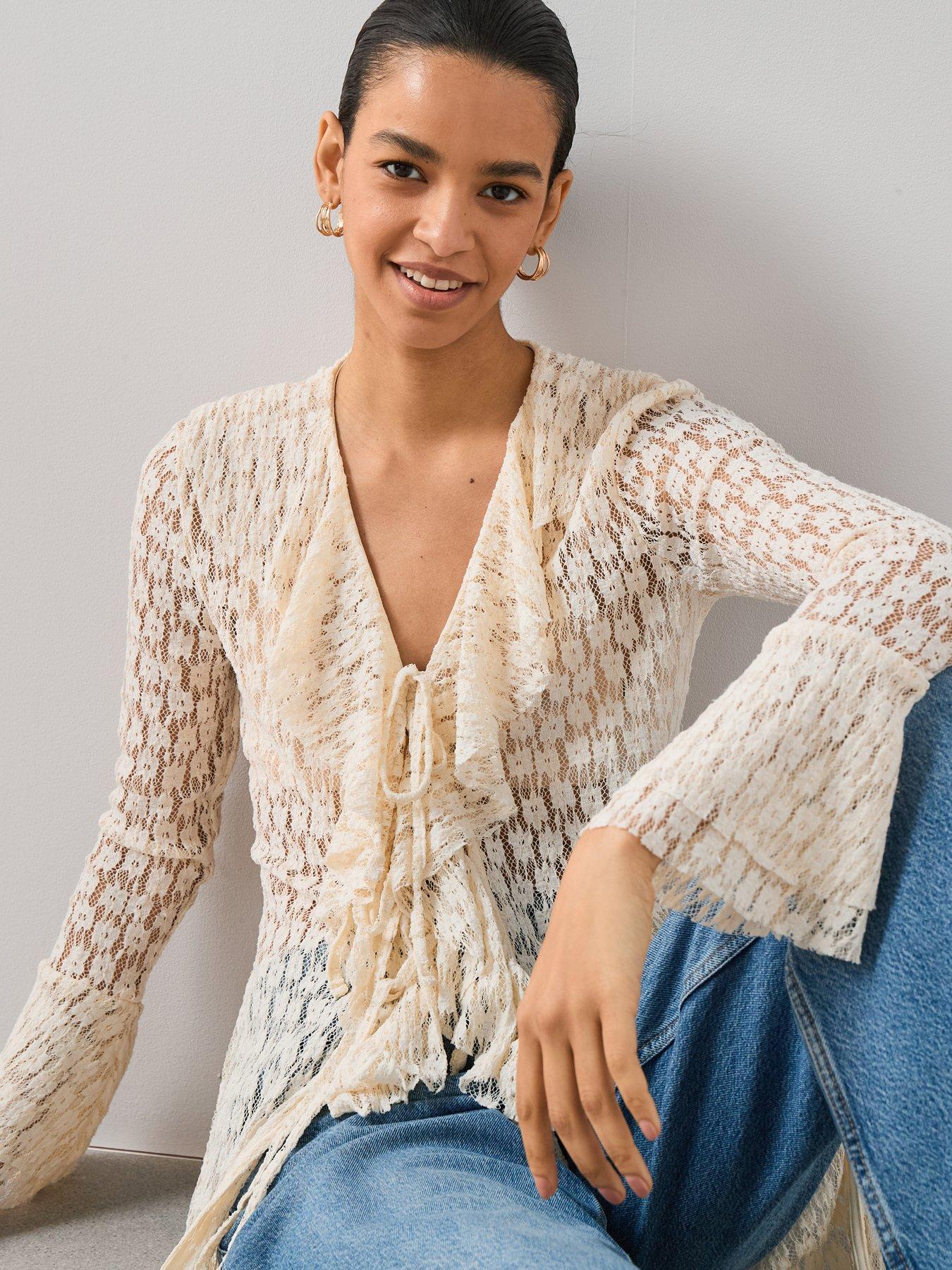 Image 4 of 6 of V by Very Longline Frill Front Lace Top - Cream