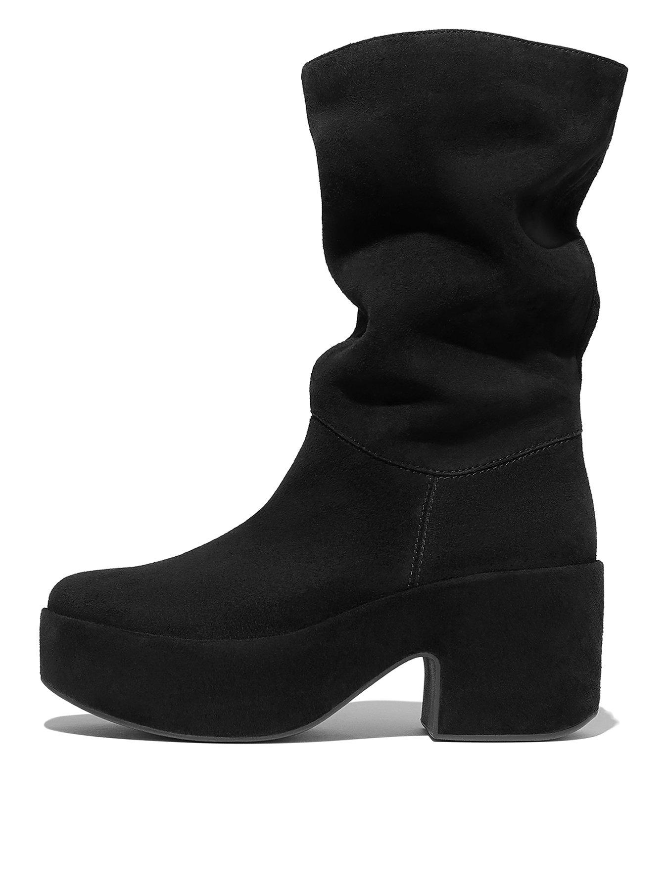 FitFlop Platfforms Slouch Suede Heeled Short Boots - Black