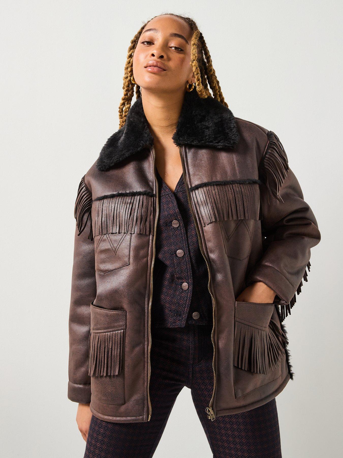 undefined Fringe Wrange Jacket Brown Leather - Black